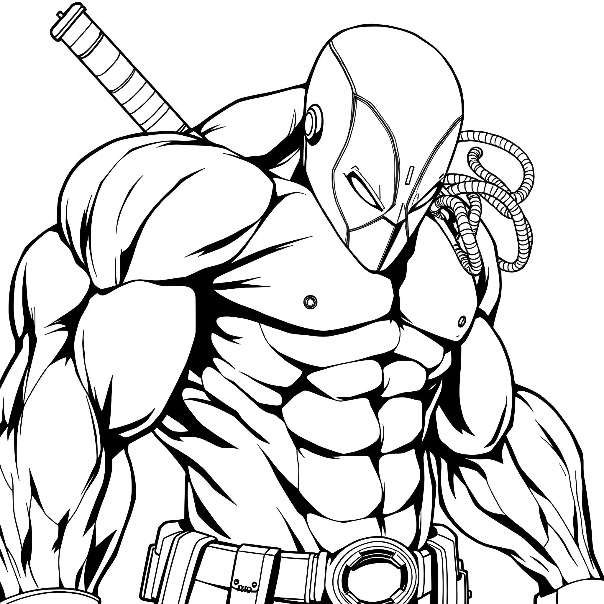 Hulk-like superhero with deadly sword and mask Coloring Page (free black-and-white line drawing printable PDF for all, from beginners to advanced learners, including children, teens, adults, and seniors)