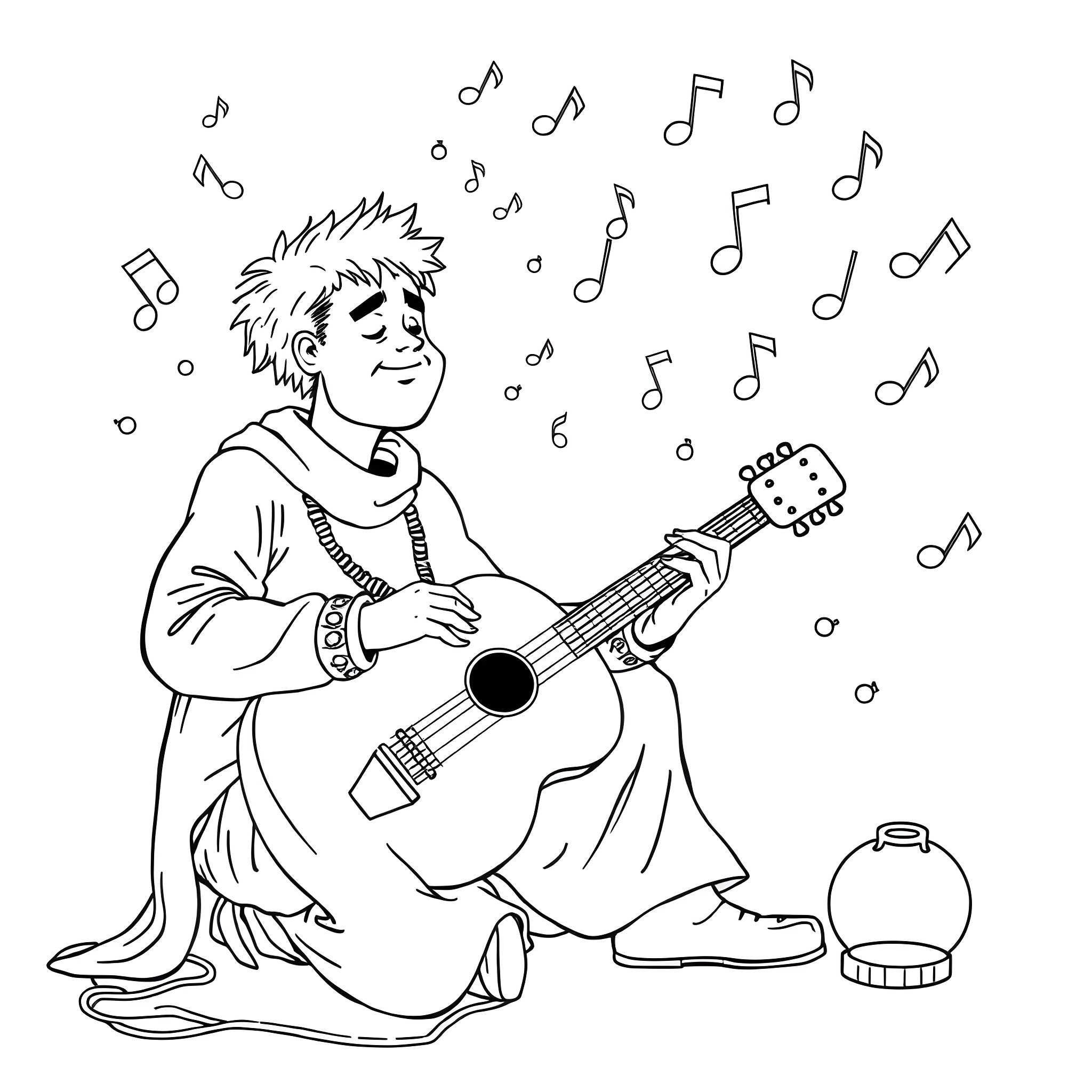 Jahn playing guitar and singing with musical notes Coloring Page (free black-and-white line drawing printable PDF for all, from beginners to advanced learners, including children, teens, adults, and seniors)