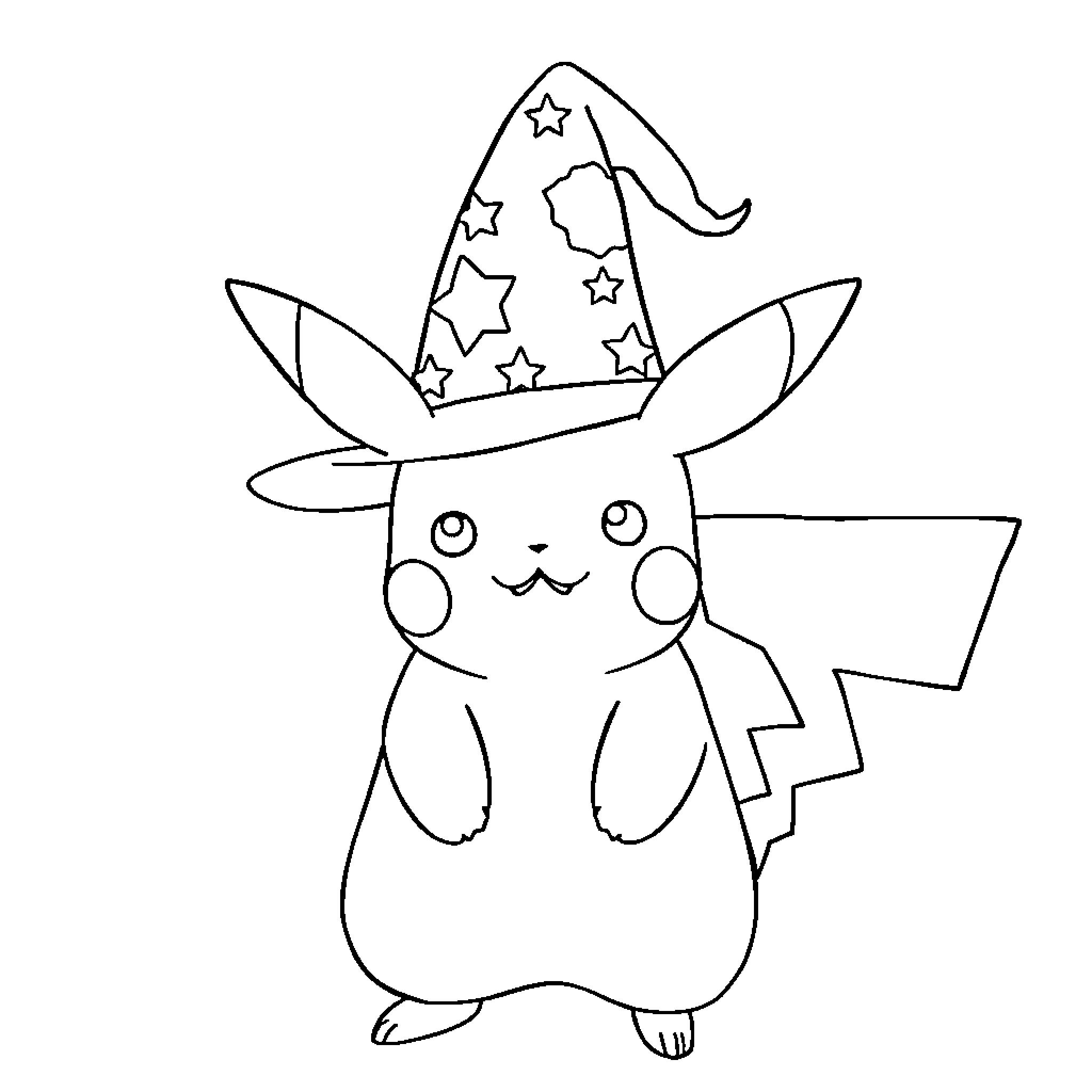 Pikachu wearing a whimsical wizard hat Coloring Page (free black-and-white line drawing printable PDF for all, from beginners to advanced learners, including children, teens, adults, and seniors)