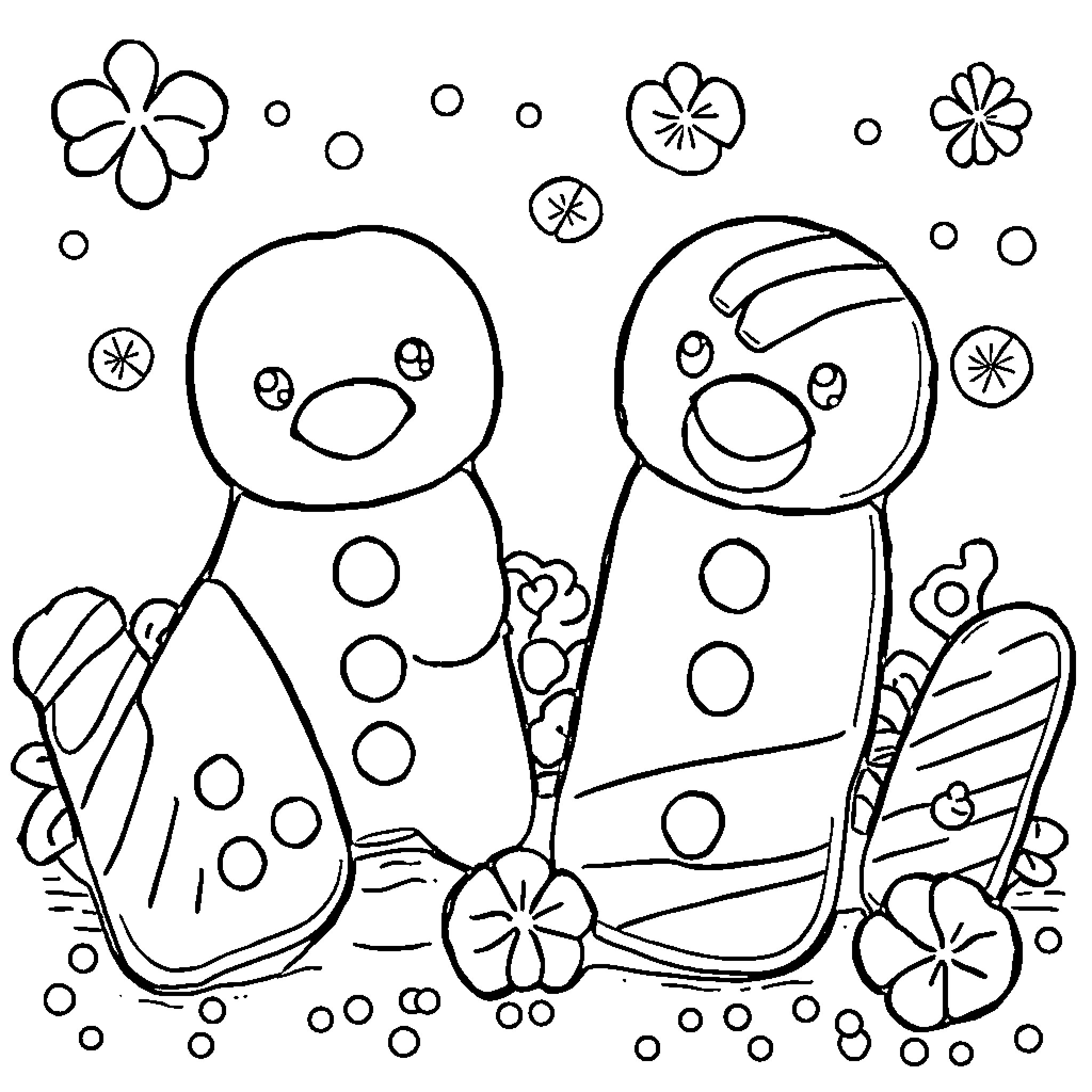 Galleta Snowmen Enjoying Floral Surroundings Coloring Page (free black-and-white line drawing printable PDF for all, from beginners to advanced learners, including children, teens, adults, and seniors)