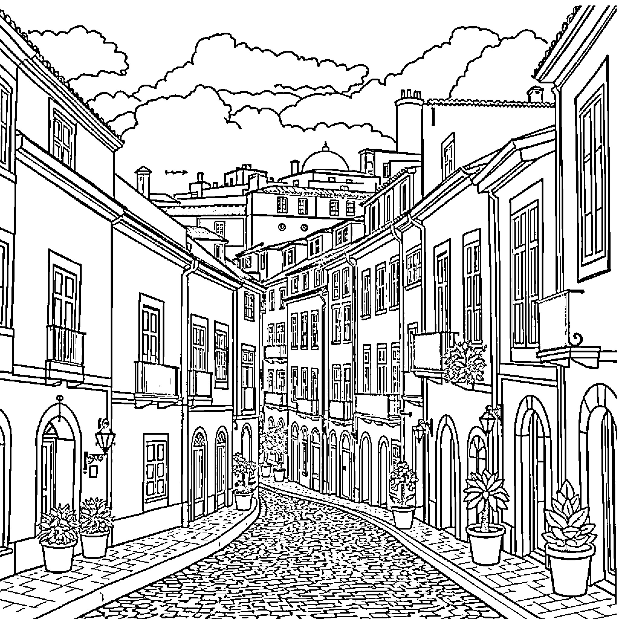 Lisboa cityscape with cobblestone streets and historic architecture Coloring Page (free black-and-white line drawing printable PDF for all, from beginners to advanced learners, including children, teens, adults, and seniors)