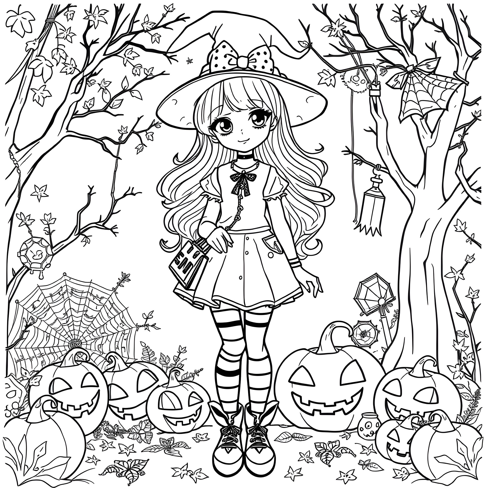 Moviestarplanet Girl Celebrating Halloween in a Whimsical Forest Scene Coloring Page (free black-and-white line drawing printable PDF for all, from beginners to advanced learners, including children, teens, adults, and seniors)