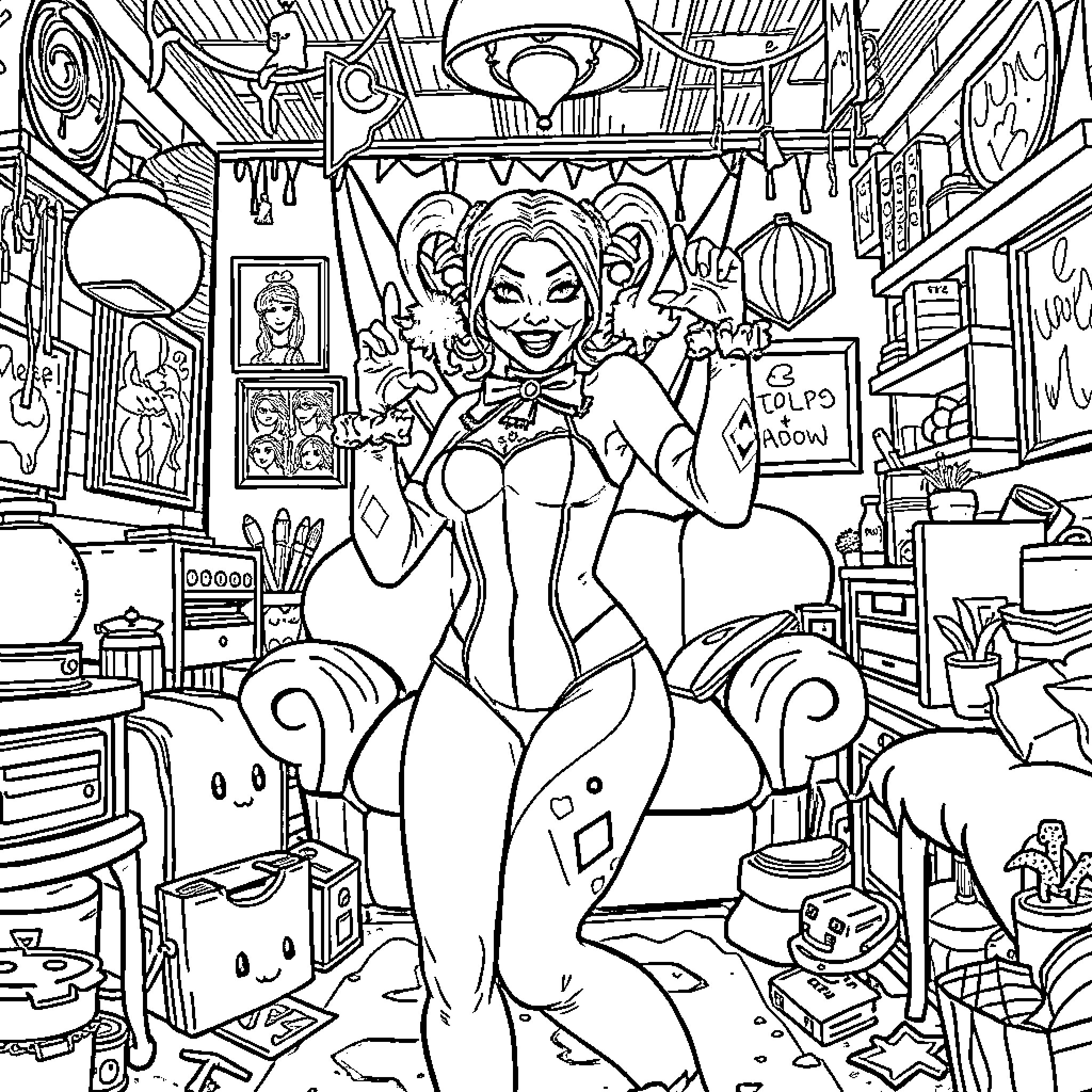 Harley Quinn's Chaotic Abode: A Glimpse into the Mind of Mayhem Coloring Page (free black-and-white line drawing printable PDF for all, from beginners to advanced learners, including children, teens, adults, and seniors)
