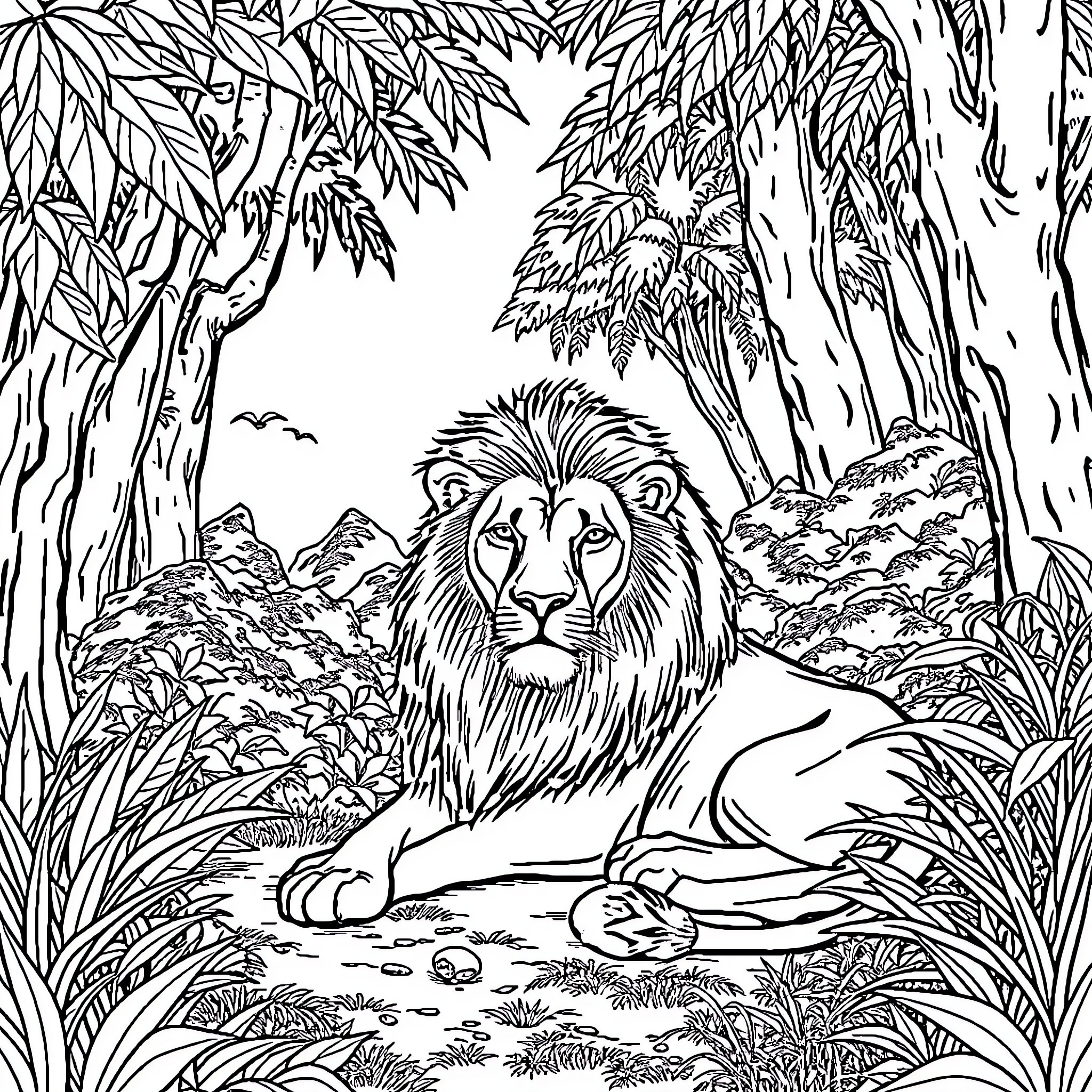 Lion resting in the wild jungle landscape Coloring Page (free black-and-white line drawing printable PDF for all, from beginners to advanced learners, including children, teens, adults, and seniors)
