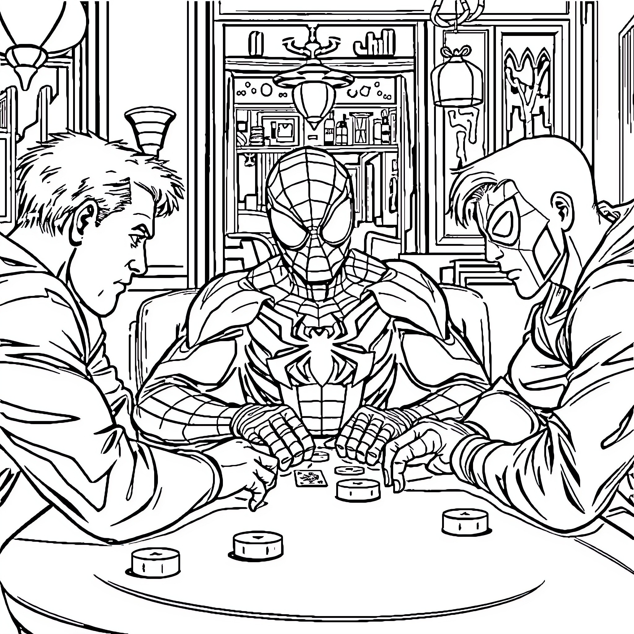 Spiderman gaming with friends in a cozy room Coloring Page (free black-and-white line drawing printable PDF for all, from beginners to advanced learners, including children, teens, adults, and seniors)