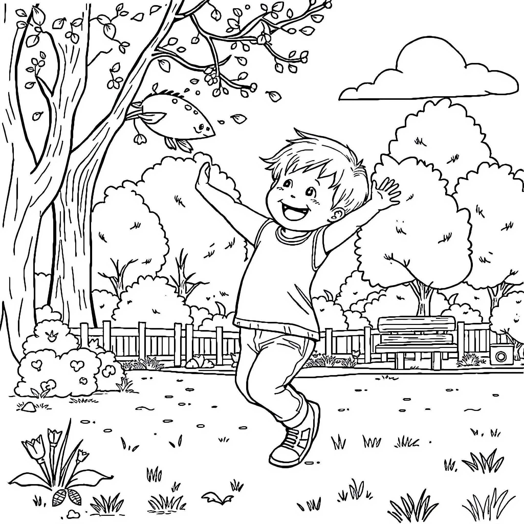Child joyfully playing in the park Coloring Page (free black-and-white line drawing printable PDF for all, from beginners to advanced learners, including children, teens, adults, and seniors)
