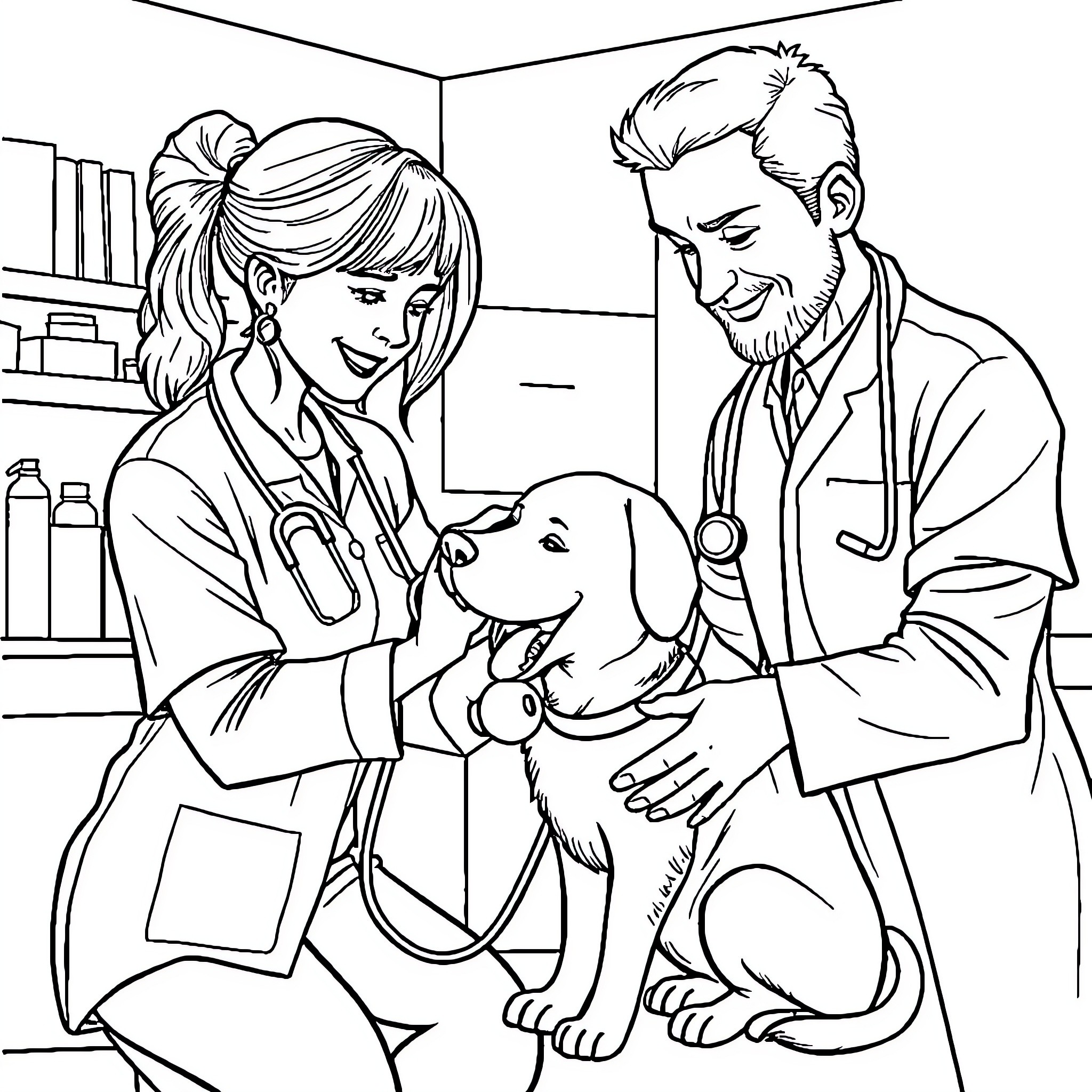 Vet team caring for a pet dog Coloring Page (free black-and-white line drawing printable PDF for all, from beginners to advanced learners, including children, teens, adults, and seniors)