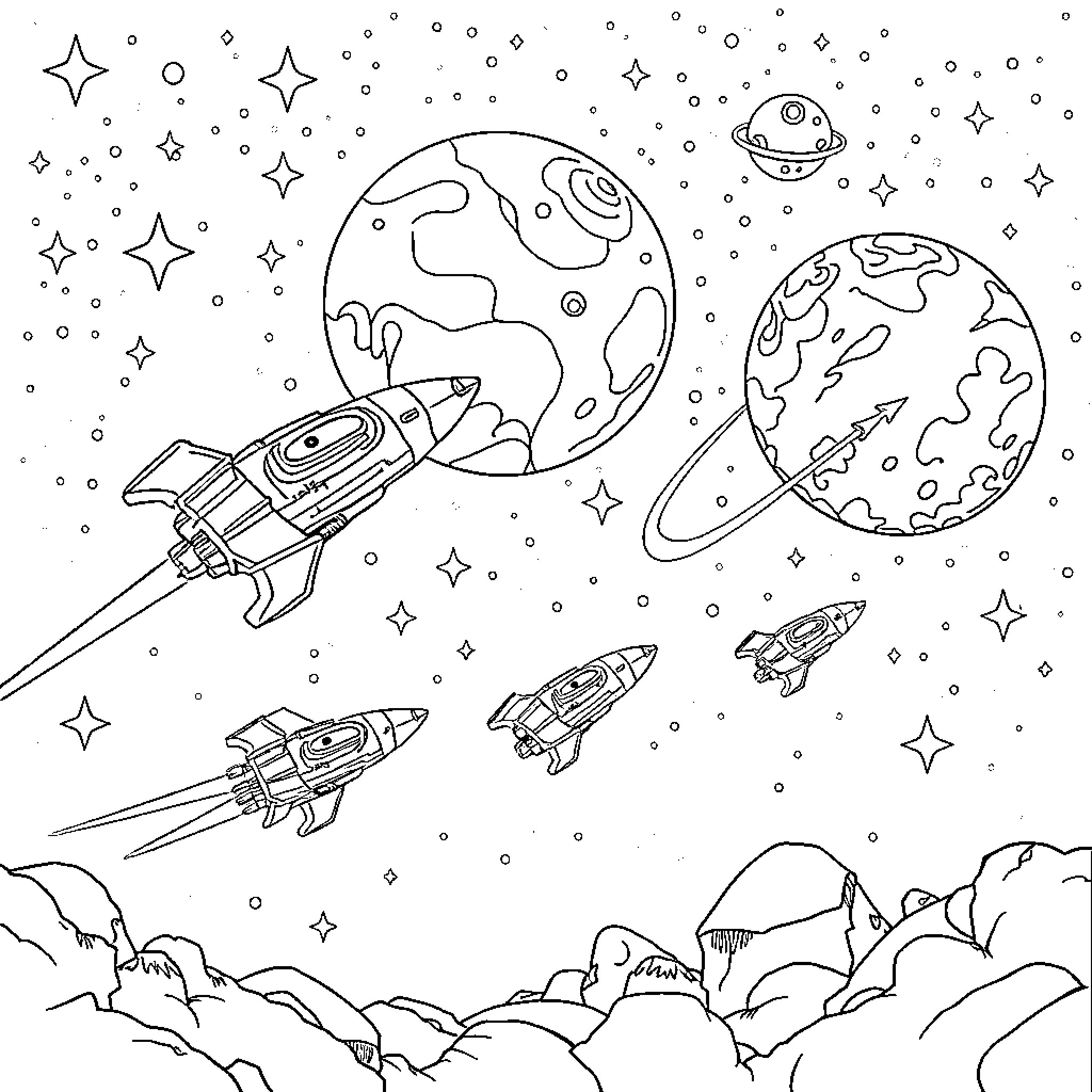 Spaceships exploring the cosmos amid stars and planets Coloring Page (free black-and-white line drawing printable PDF for all, from beginners to advanced learners, including children, teens, adults, and seniors)