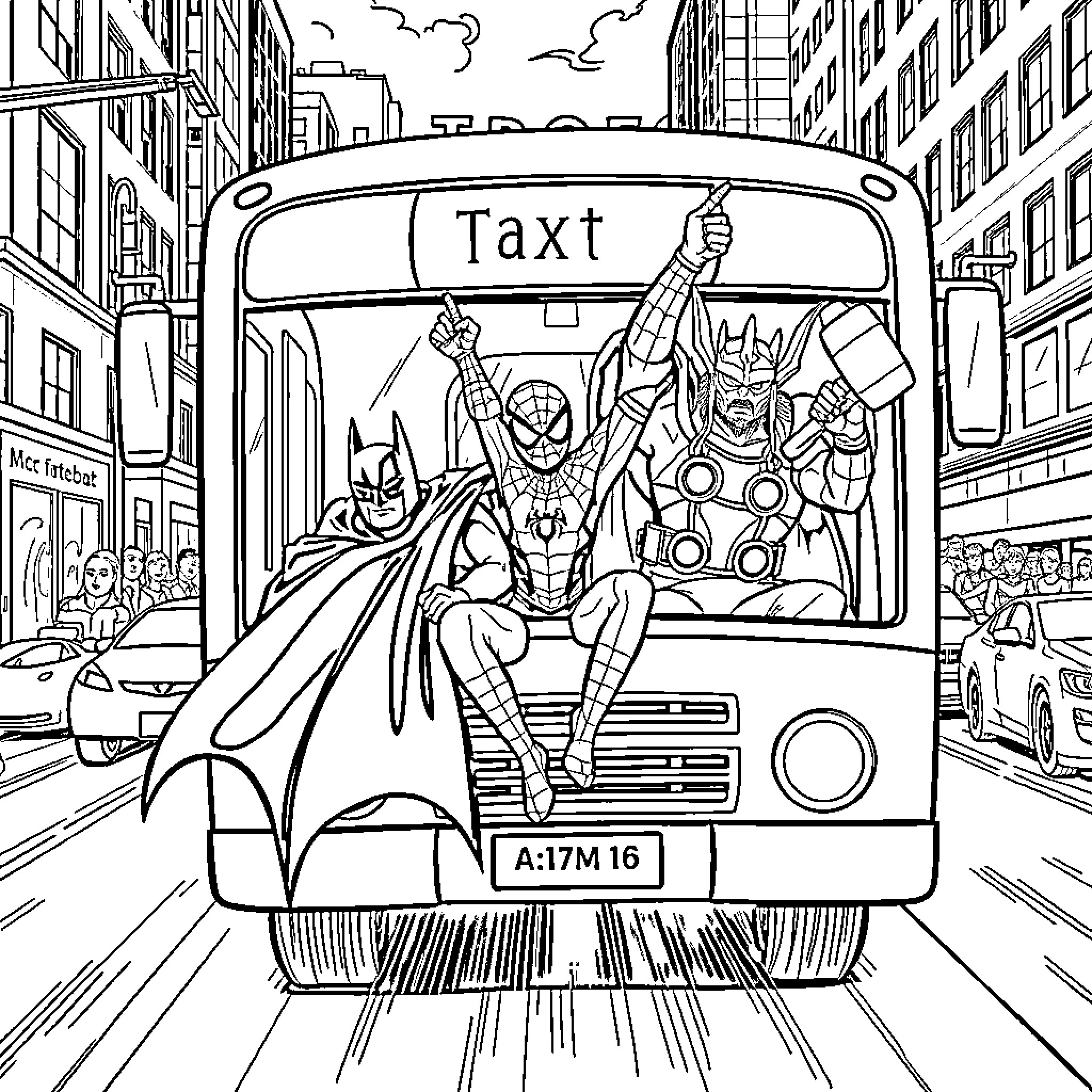 Hero Superheroes Riding on Taxi in City Coloring Page (free black-and-white line drawing printable PDF for all, from beginners to advanced learners, including children, teens, adults, and seniors)