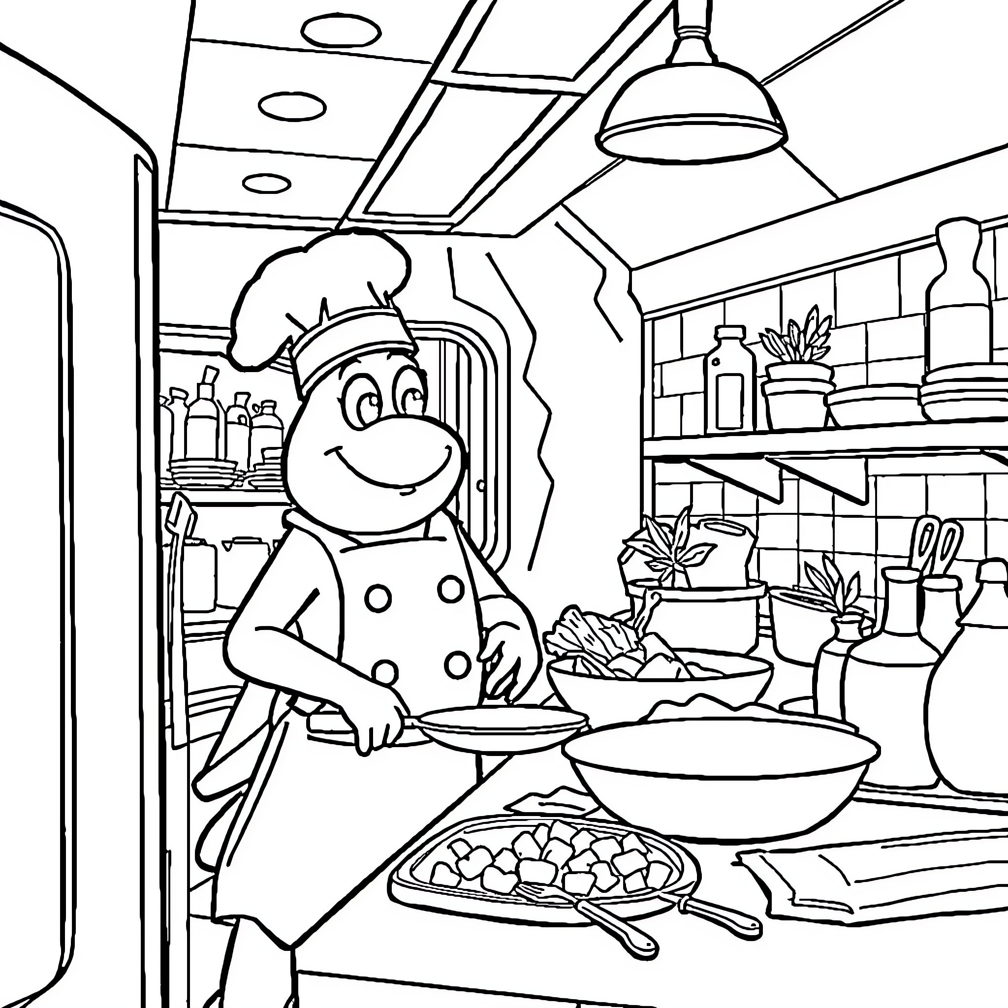 Pat Patrol Chef Prepares Delightful Meal in Kitchen Coloring Page (free black-and-white line drawing printable PDF for all, from beginners to advanced learners, including children, teens, adults, and seniors)