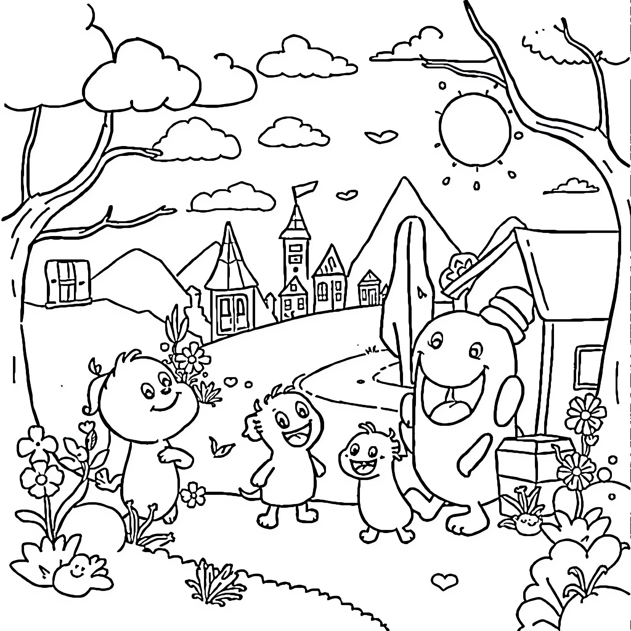Cartoon animals exploring the countryside landscape Coloring Page (free black-and-white line drawing printable PDF for all, from beginners to advanced learners, including children, teens, adults, and seniors)