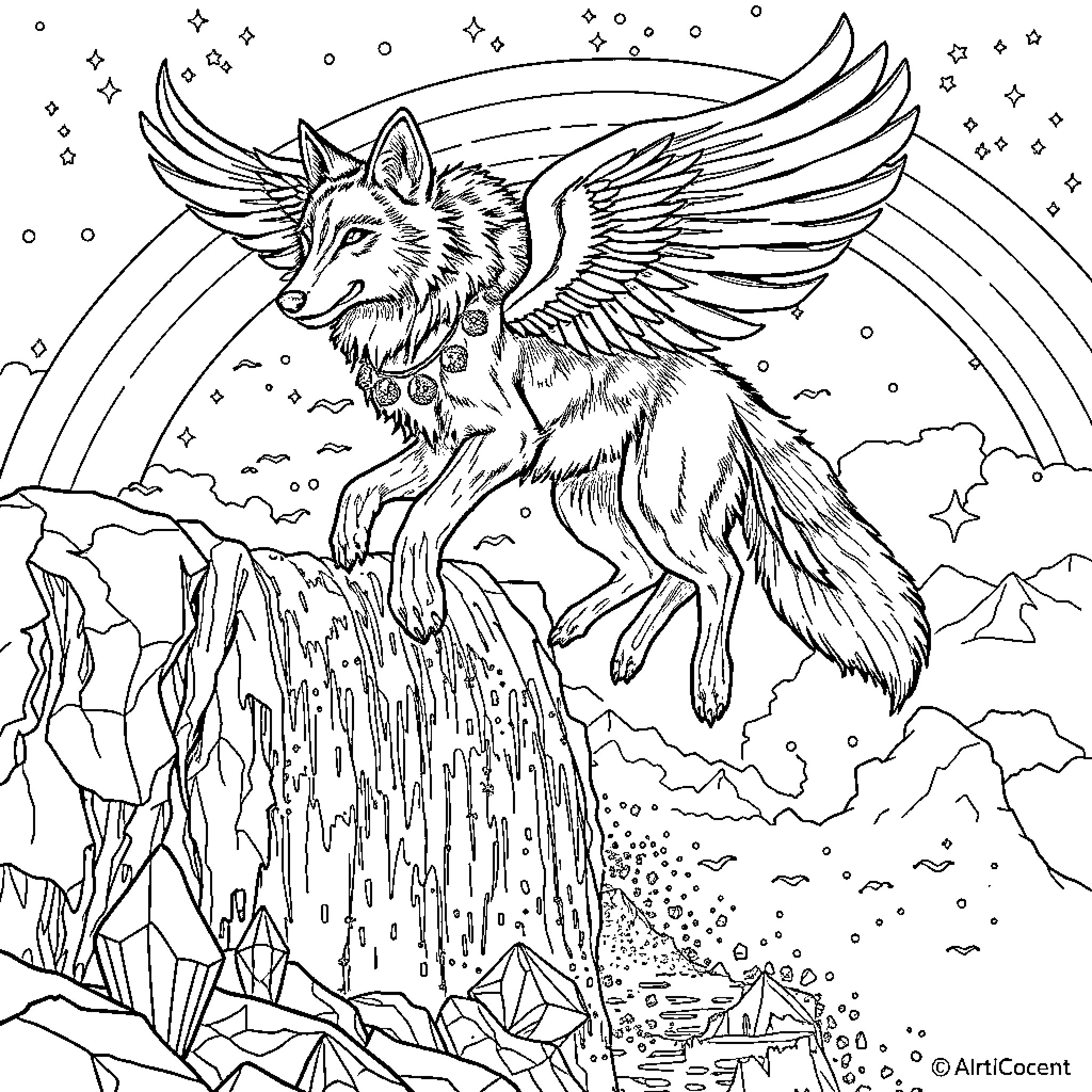Wolf with majestic wings soaring over fantastical landscape Coloring Page (free black-and-white line drawing printable PDF for all, from beginners to advanced learners, including children, teens, adults, and seniors)