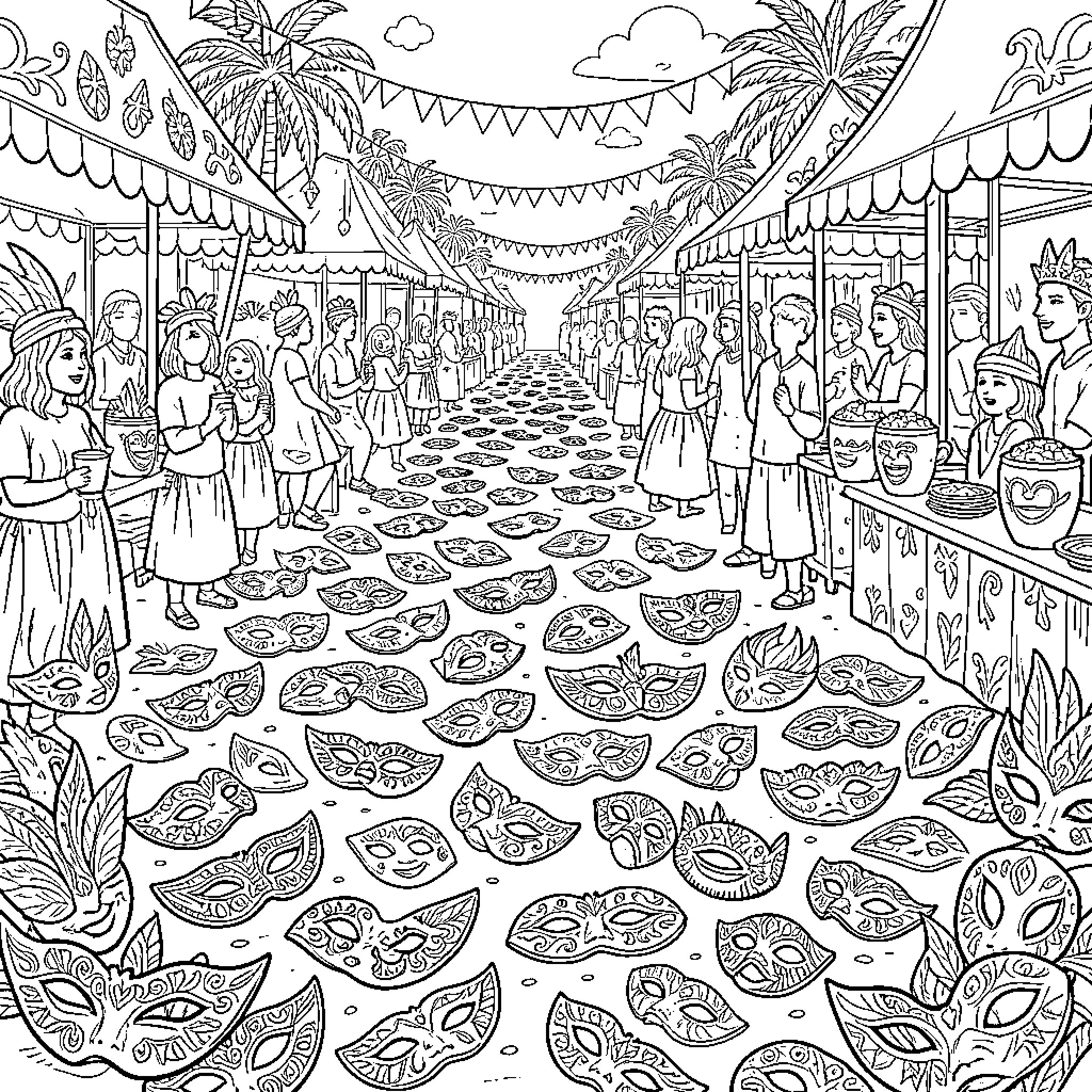 Mask Festival in Tropical Market Coloring Page (free black-and-white line drawing printable PDF for all, from beginners to advanced learners, including children, teens, adults, and seniors)