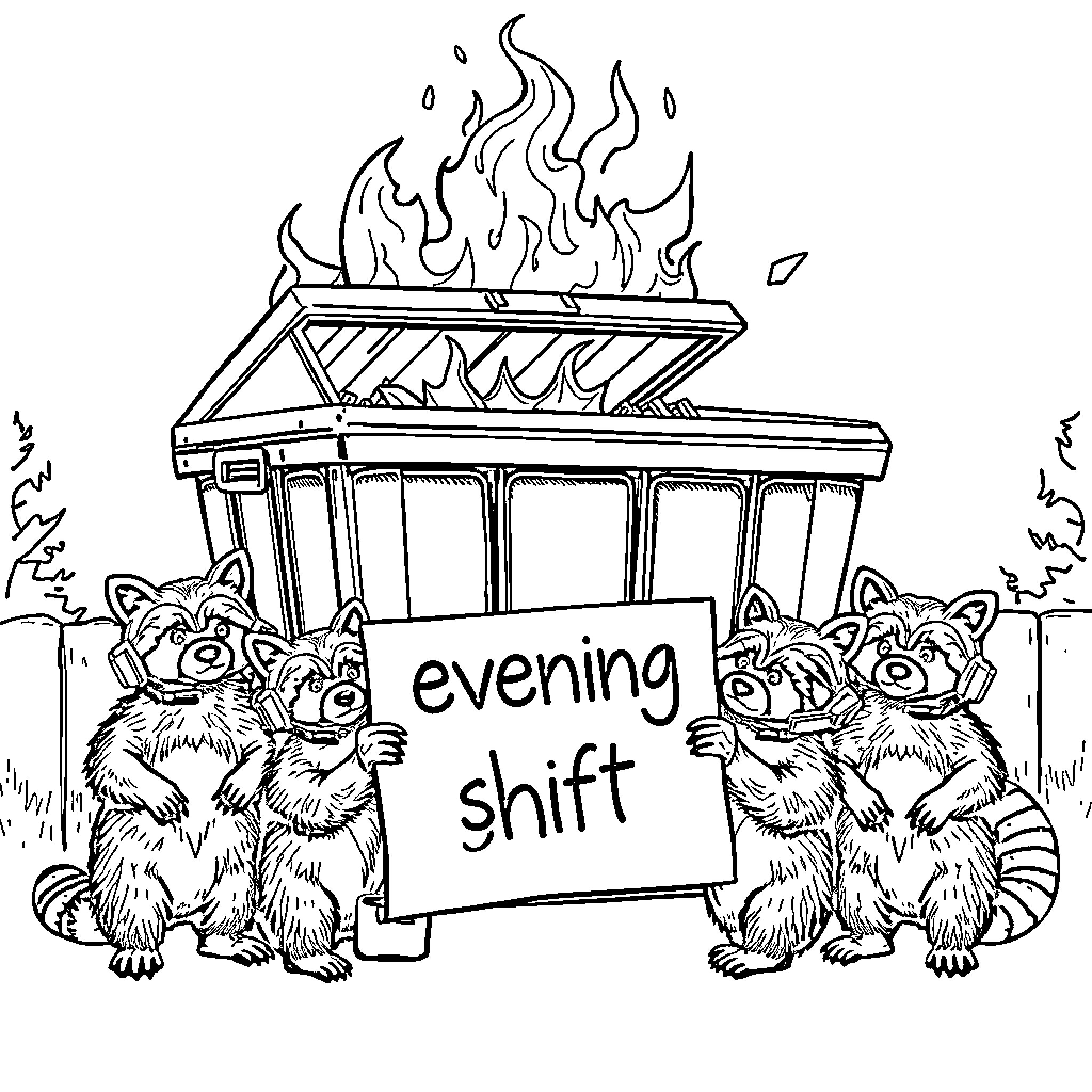 Raccoon protesters demanding 'evening shift' with burning dumpster Coloring Page (free black-and-white line drawing printable PDF for all, from beginners to advanced learners, including children, teens, adults, and seniors)