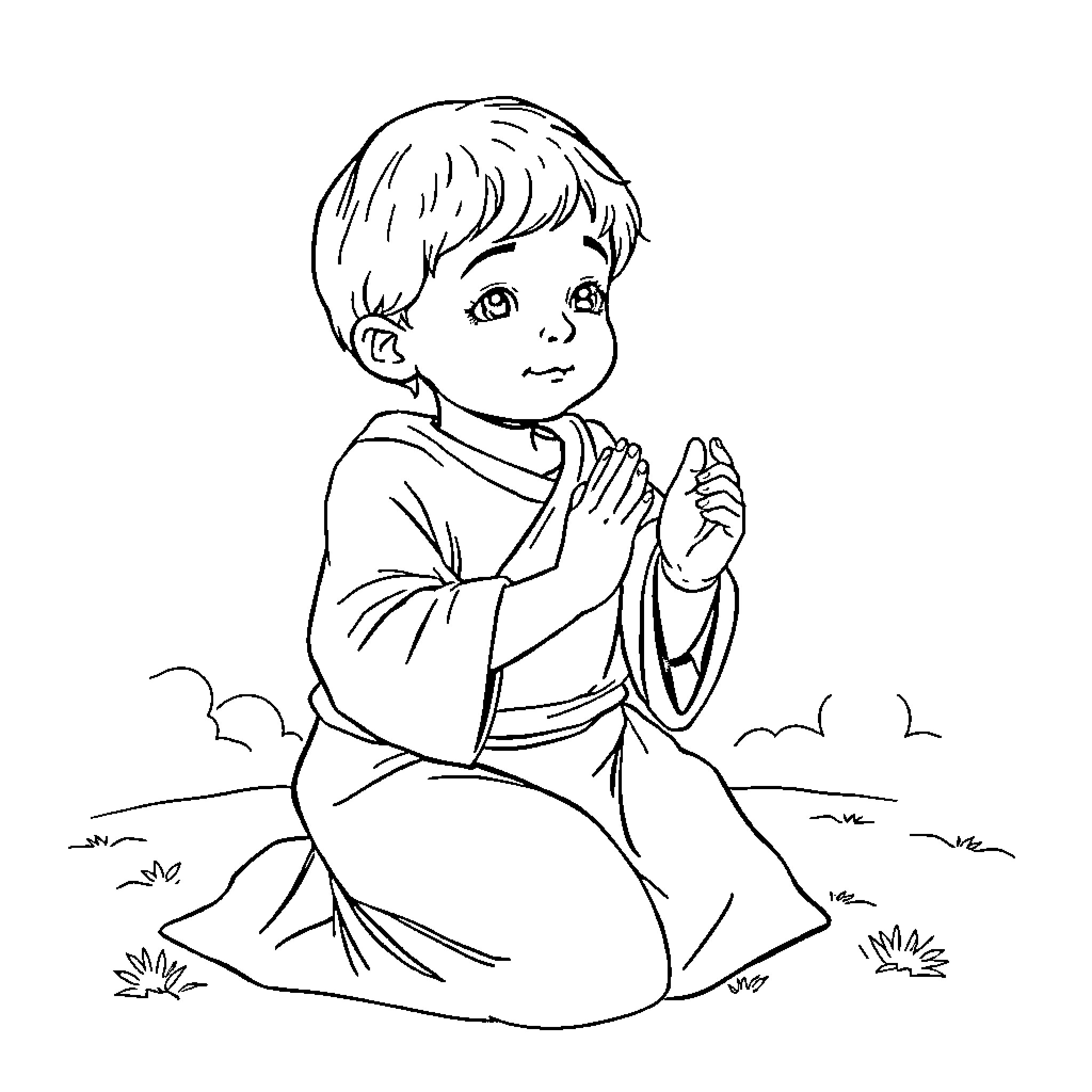 Child praying in a serene outdoor setting Coloring Page (free black-and-white line drawing printable PDF for all, from beginners to advanced learners, including children, teens, adults, and seniors)