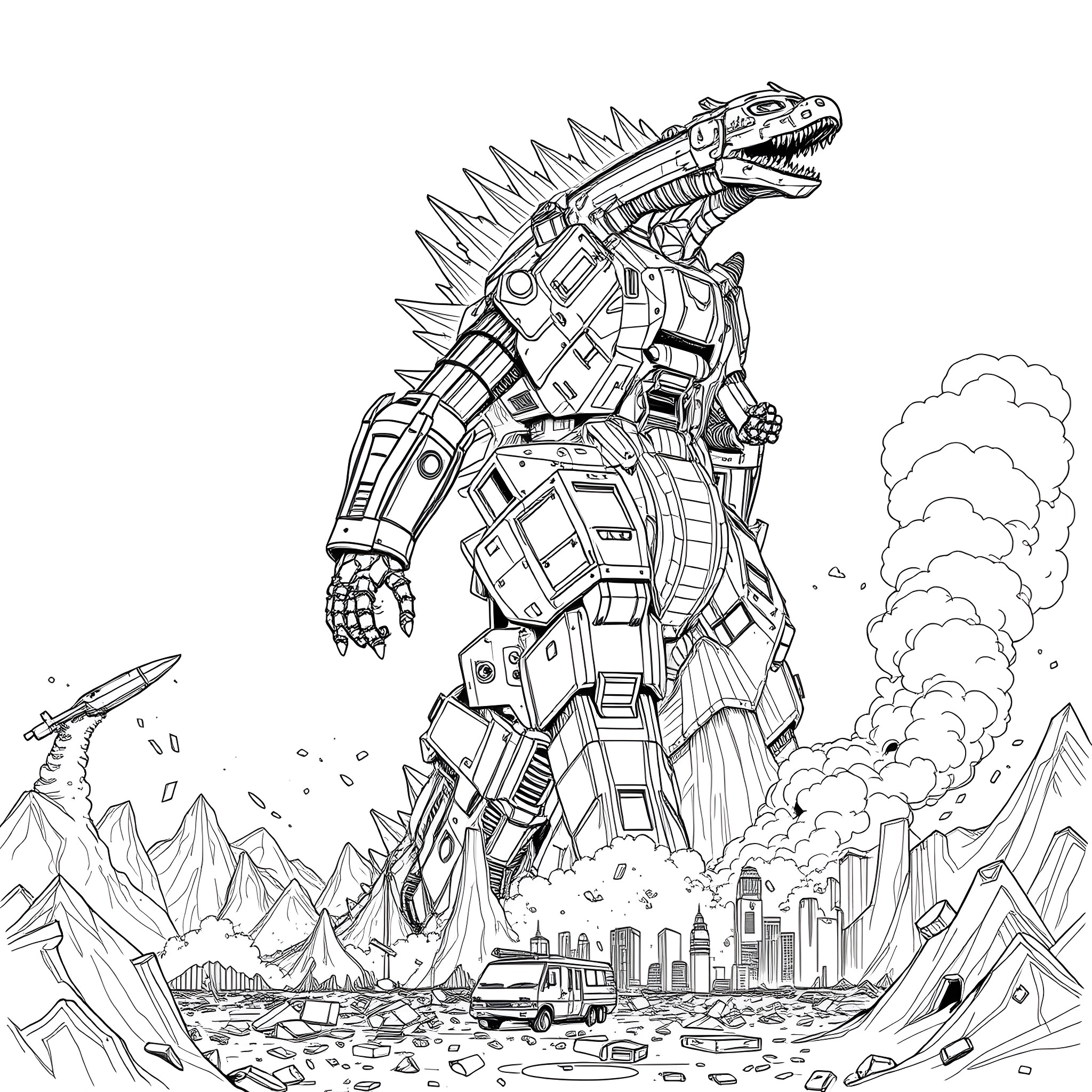 Robot Godzilla Stomping Through Futuristic City Coloring Page (free black-and-white line drawing printable PDF for all, from beginners to advanced learners, including children, teens, adults, and seniors)