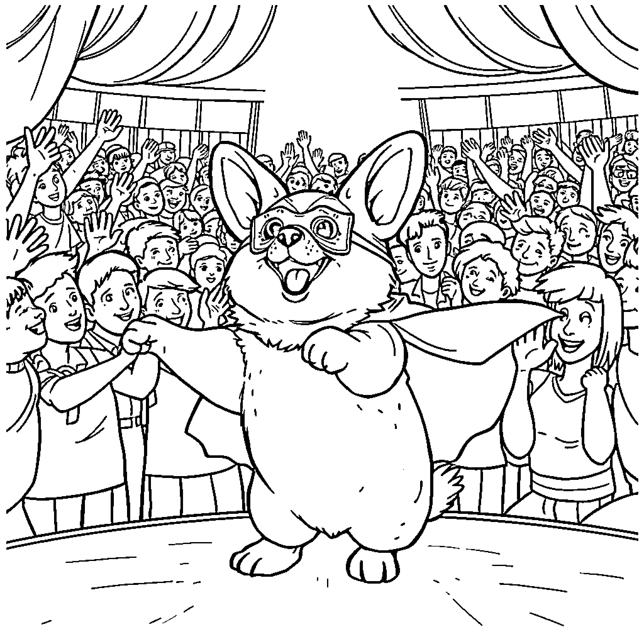 Corgi entertaining a large crowd on stage Coloring Page (free black-and-white line drawing printable PDF for all, from beginners to advanced learners, including children, teens, adults, and seniors)