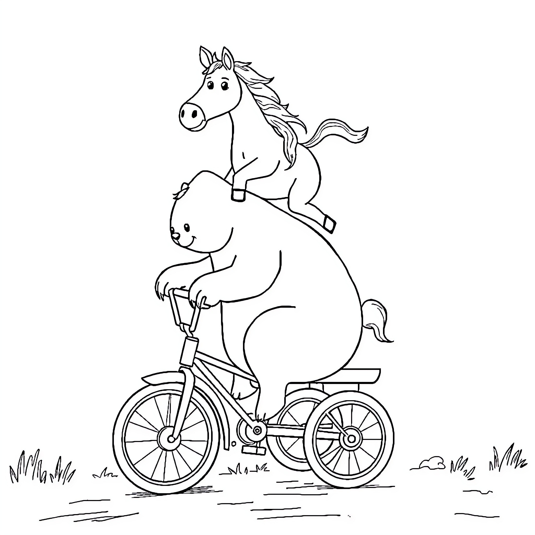 Horse riding happily on a bicycle Coloring Page (free black-and-white line drawing printable PDF for all, from beginners to advanced learners, including children, teens, adults, and seniors)