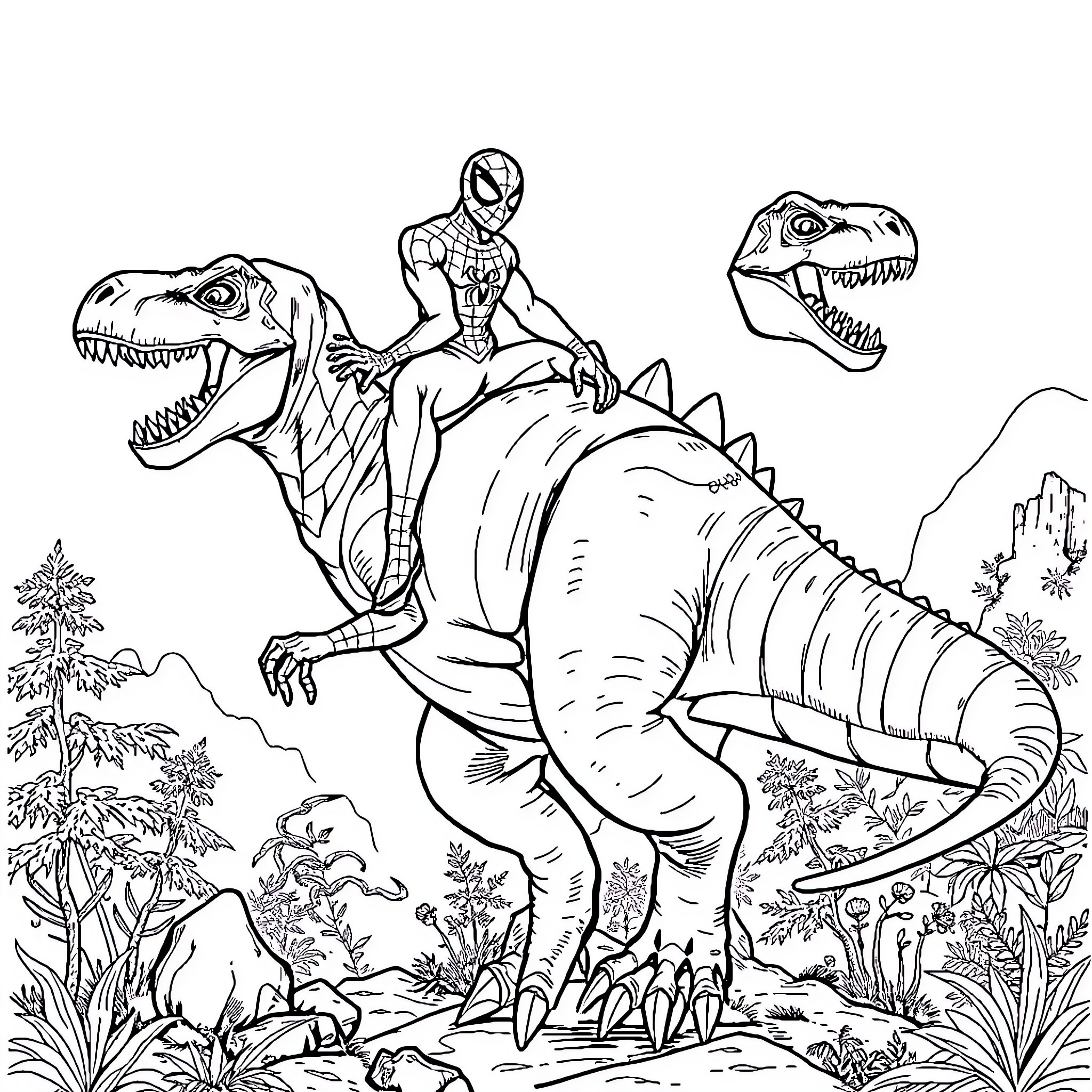 Spiderman Rides a Fearsome Dinosaur in the Wilderness Coloring Page (free black-and-white line drawing printable PDF for all, from beginners to advanced learners, including children, teens, adults, and seniors)