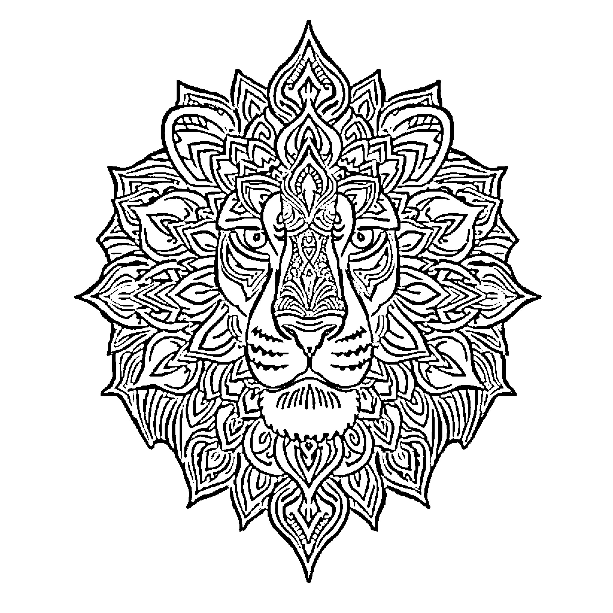 Lion with intricate mandala-style design Coloring Page (free black-and-white line drawing printable PDF for all, from beginners to advanced learners, including children, teens, adults, and seniors)