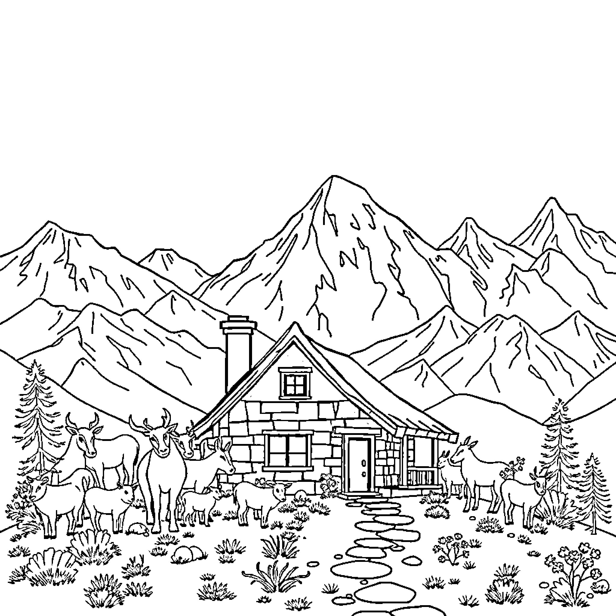 Casa of mountain refuge with wildlife Coloring Page (free black-and-white line drawing printable PDF for all, from beginners to advanced learners, including children, teens, adults, and seniors)