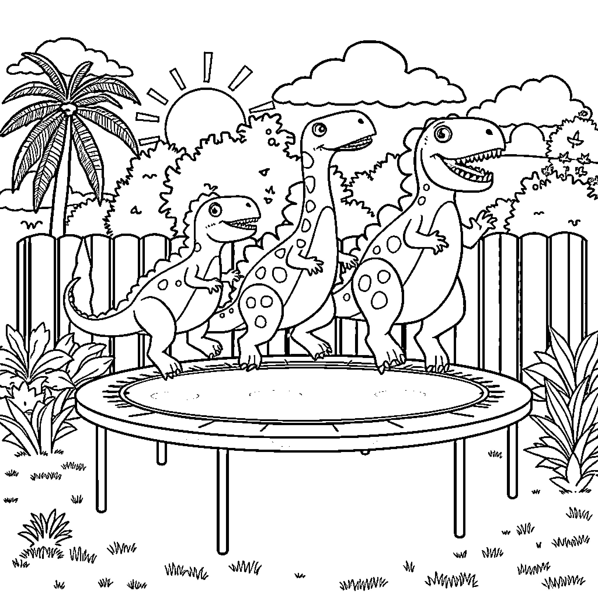 Dinosaurs Playing Happily in Tropical Jungle Scene Coloring Page (free black-and-white line drawing printable PDF for all, from beginners to advanced learners, including children, teens, adults, and seniors)