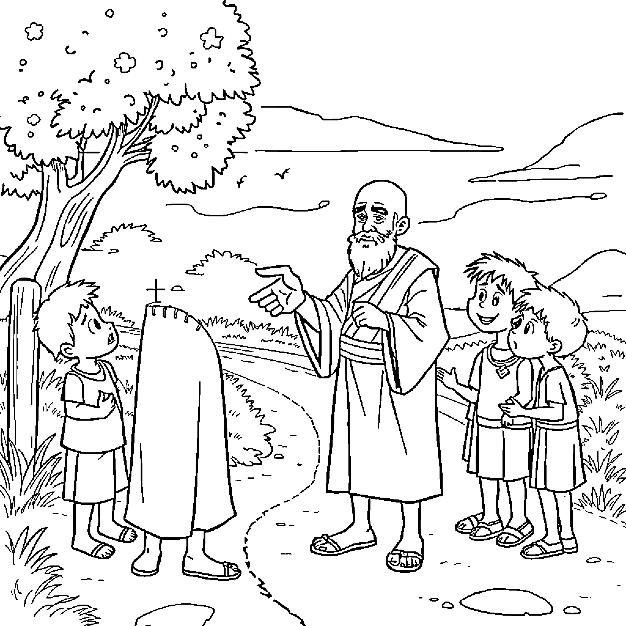 Elisha teaching the young disciples by the lake Coloring Page (free black-and-white line drawing printable PDF for all, from beginners to advanced learners, including children, teens, adults, and seniors)