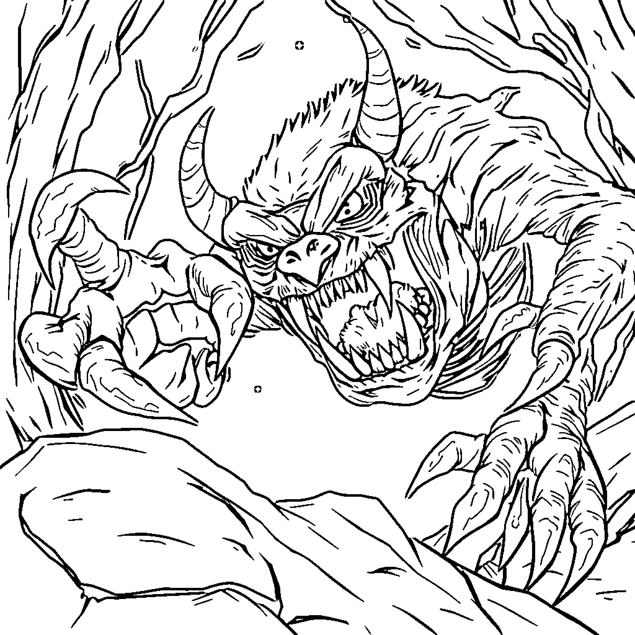 Monster unleashing ferocious claws in dark forest Coloring Page (free black-and-white line drawing printable PDF for all, from beginners to advanced learners, including children, teens, adults, and seniors)