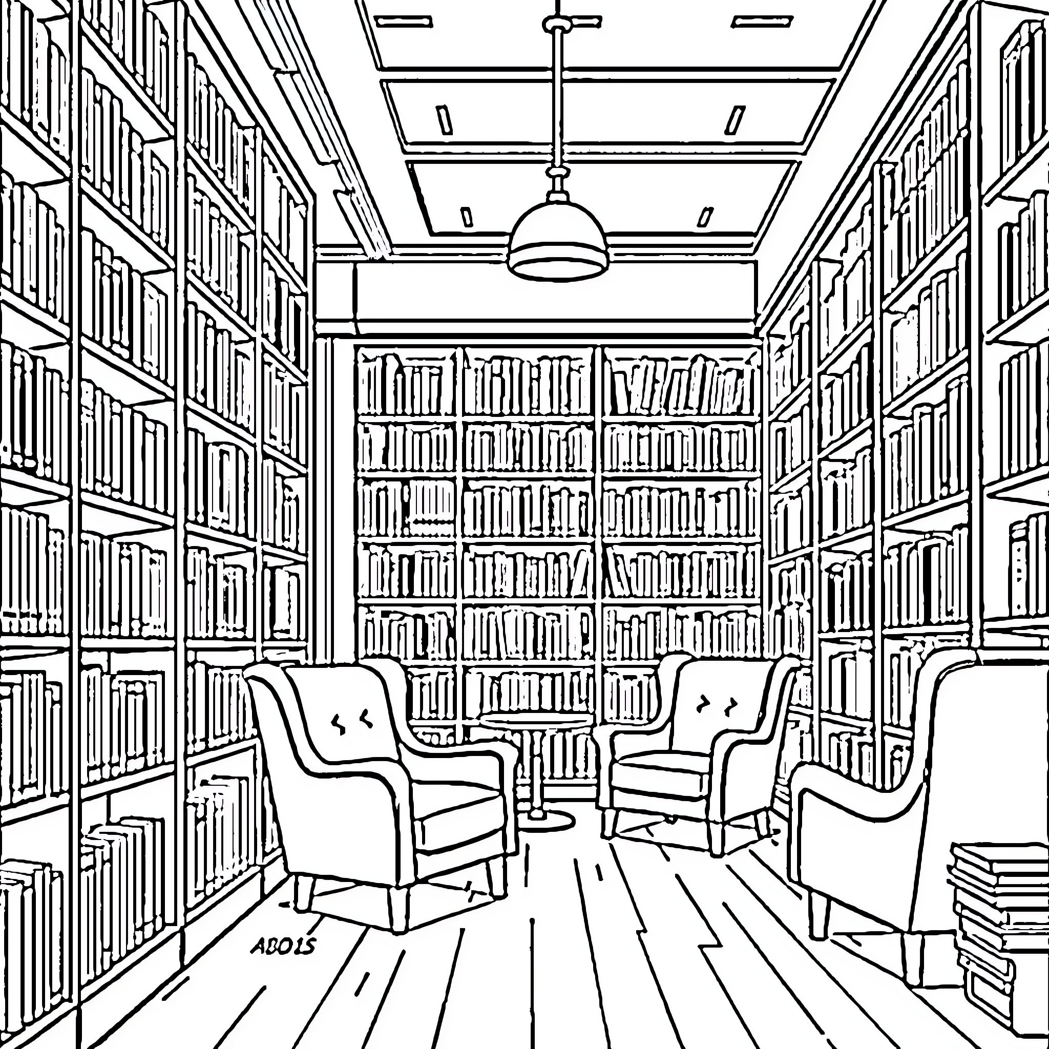 Library of Books and Reading Chairs Coloring Page (free black-and-white line drawing printable PDF for all, from beginners to advanced learners, including children, teens, adults, and seniors)