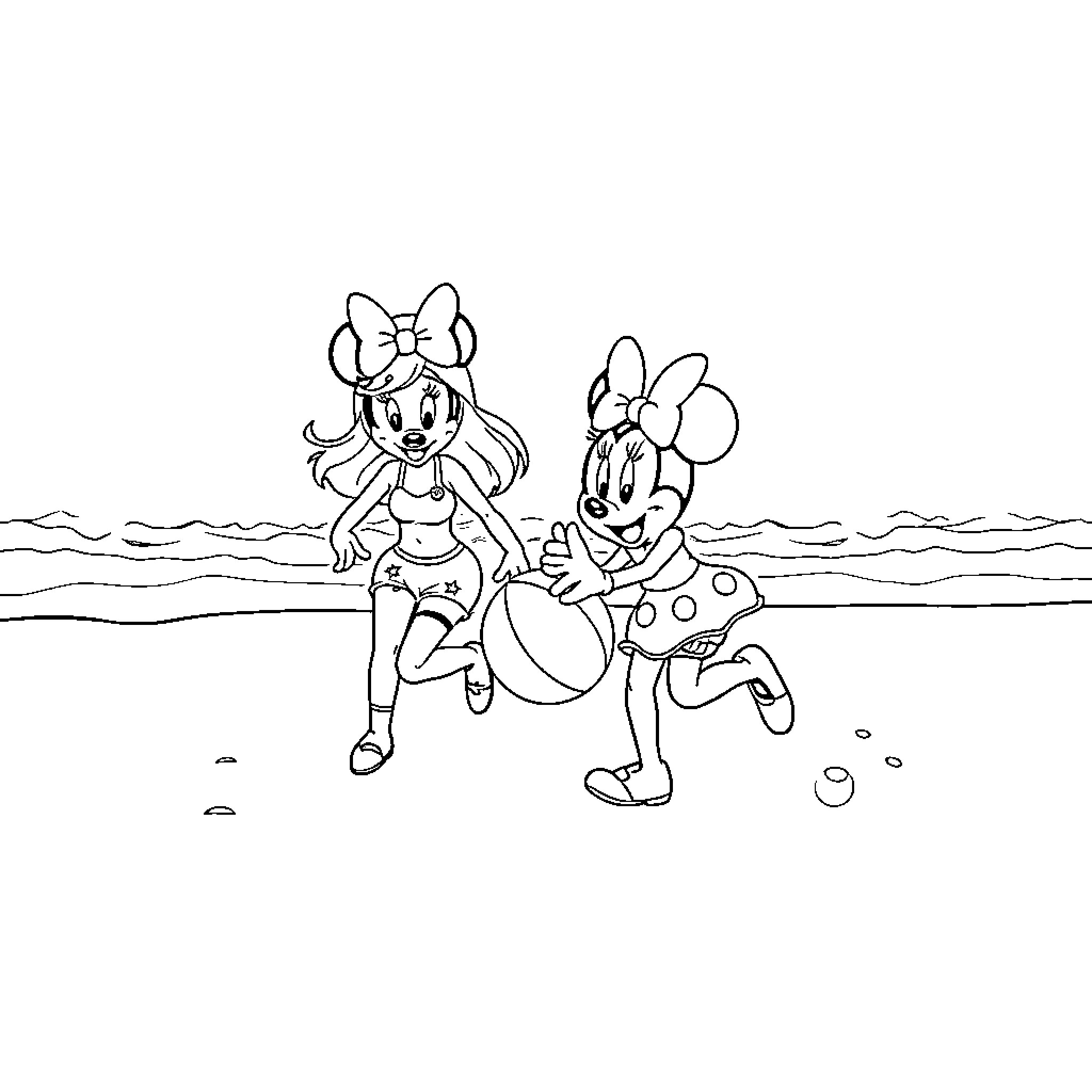 Skye and Minnie playing at the beach Coloring Page (free black-and-white line drawing printable PDF for all, from beginners to advanced learners, including children, teens, adults, and seniors)