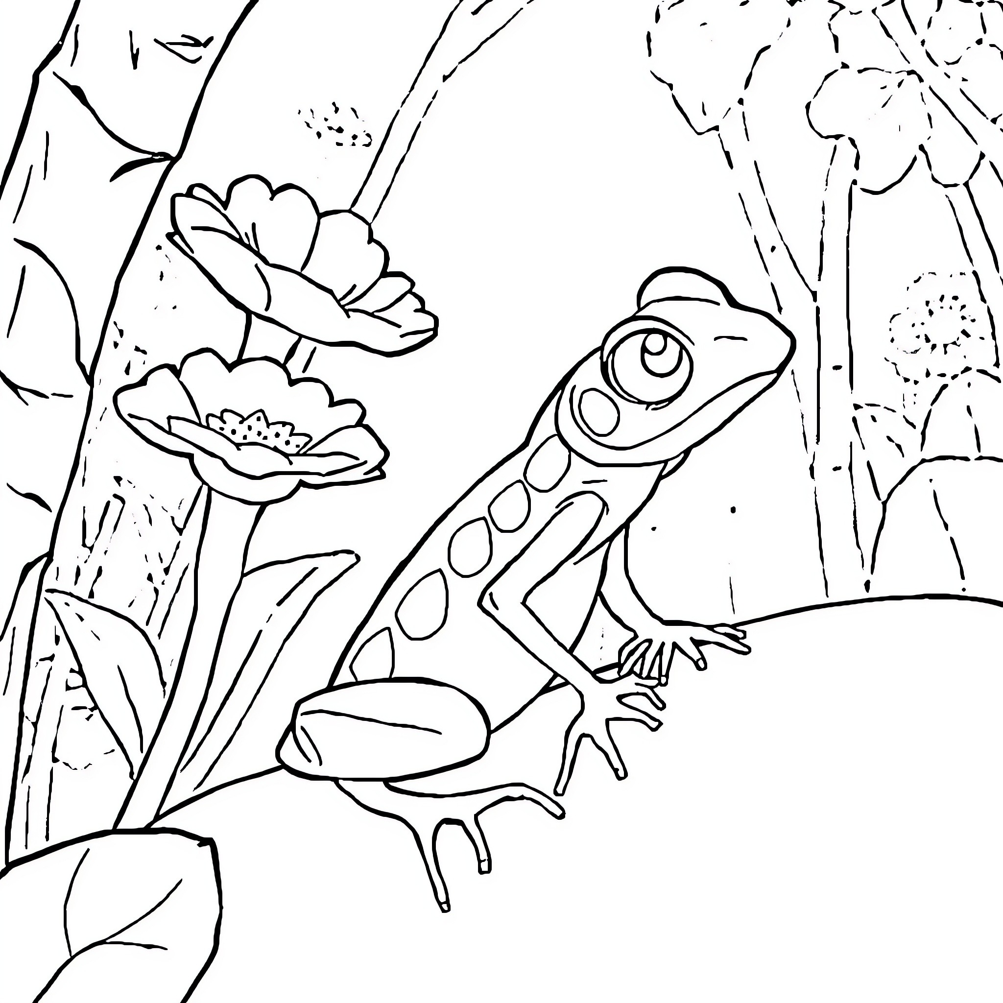 Frog among colorful flowers in nature Coloring Page (free black-and-white line drawing printable PDF for all, from beginners to advanced learners, including children, teens, adults, and seniors)