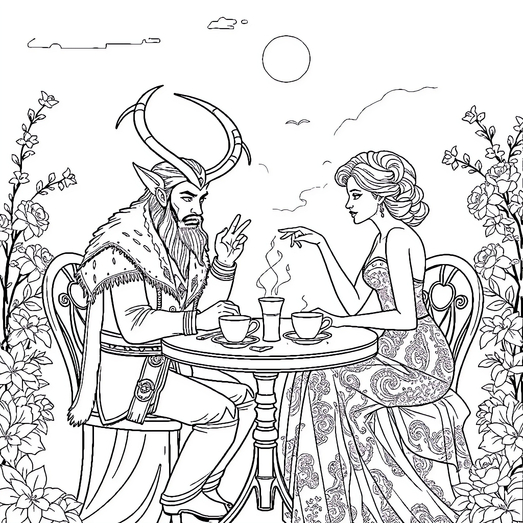 Loki conversing with a lady over tea in a garden Coloring Page (free black-and-white line drawing printable PDF for all, from beginners to advanced learners, including children, teens, adults, and seniors)
