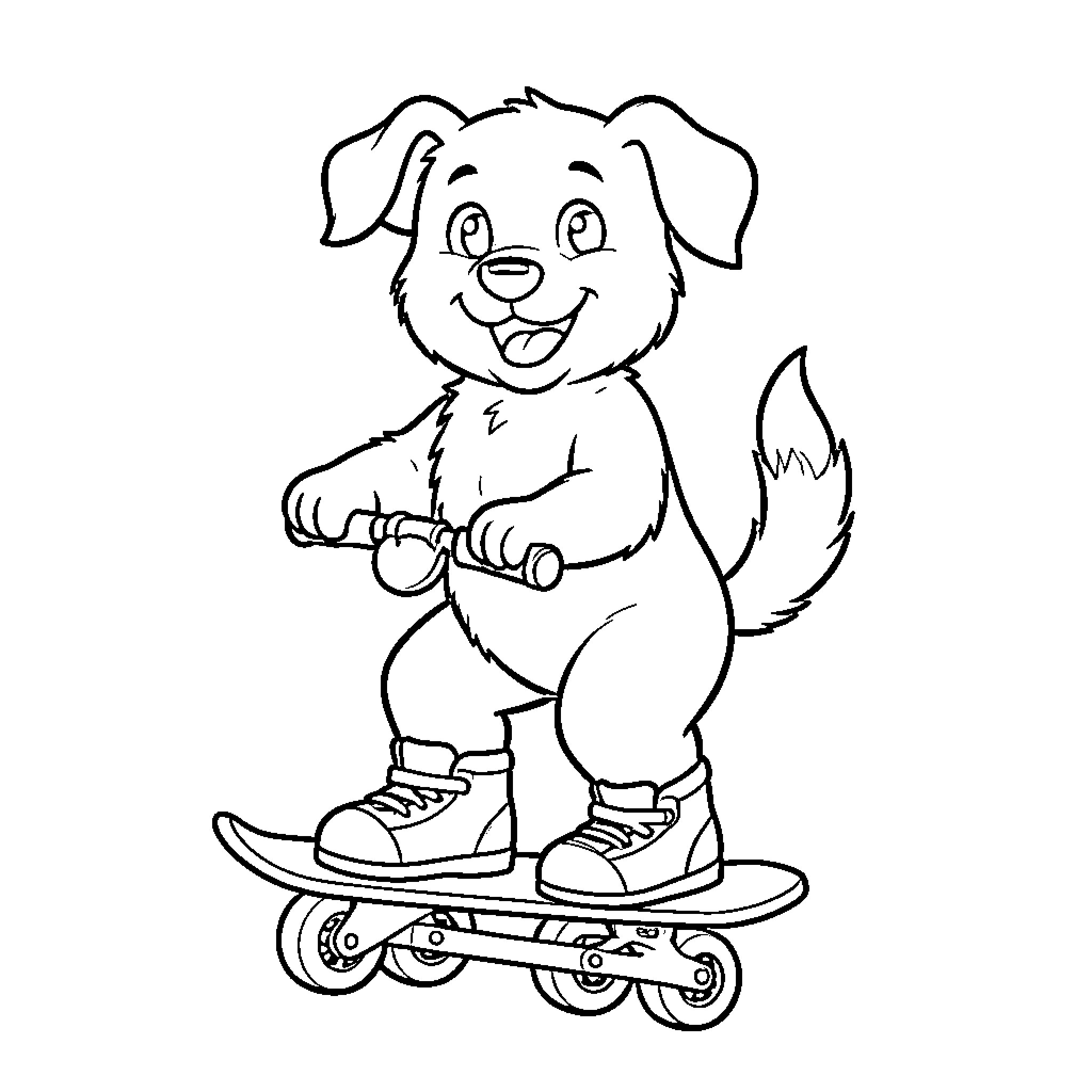 Dog riding a skateboard happily Coloring Page (free black-and-white line drawing printable PDF for all, from beginners to advanced learners, including children, teens, adults, and seniors)