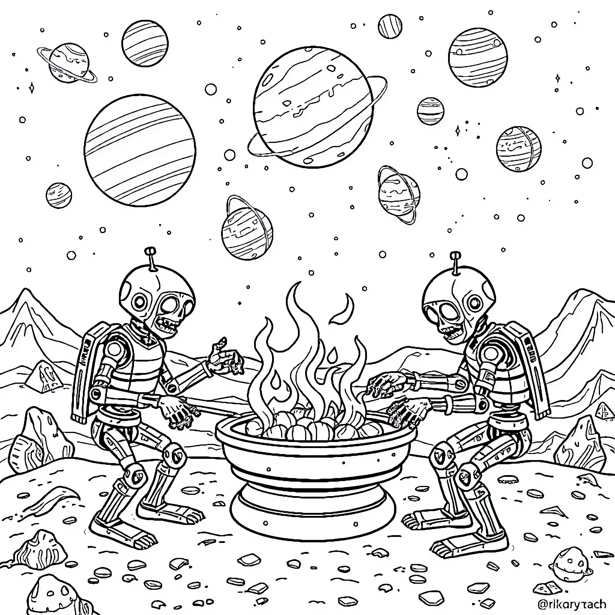 Zombie Robot Chefs Cooking in an Alien Landscape Coloring Page (free black-and-white line drawing printable PDF for all, from beginners to advanced learners, including children, teens, adults, and seniors)