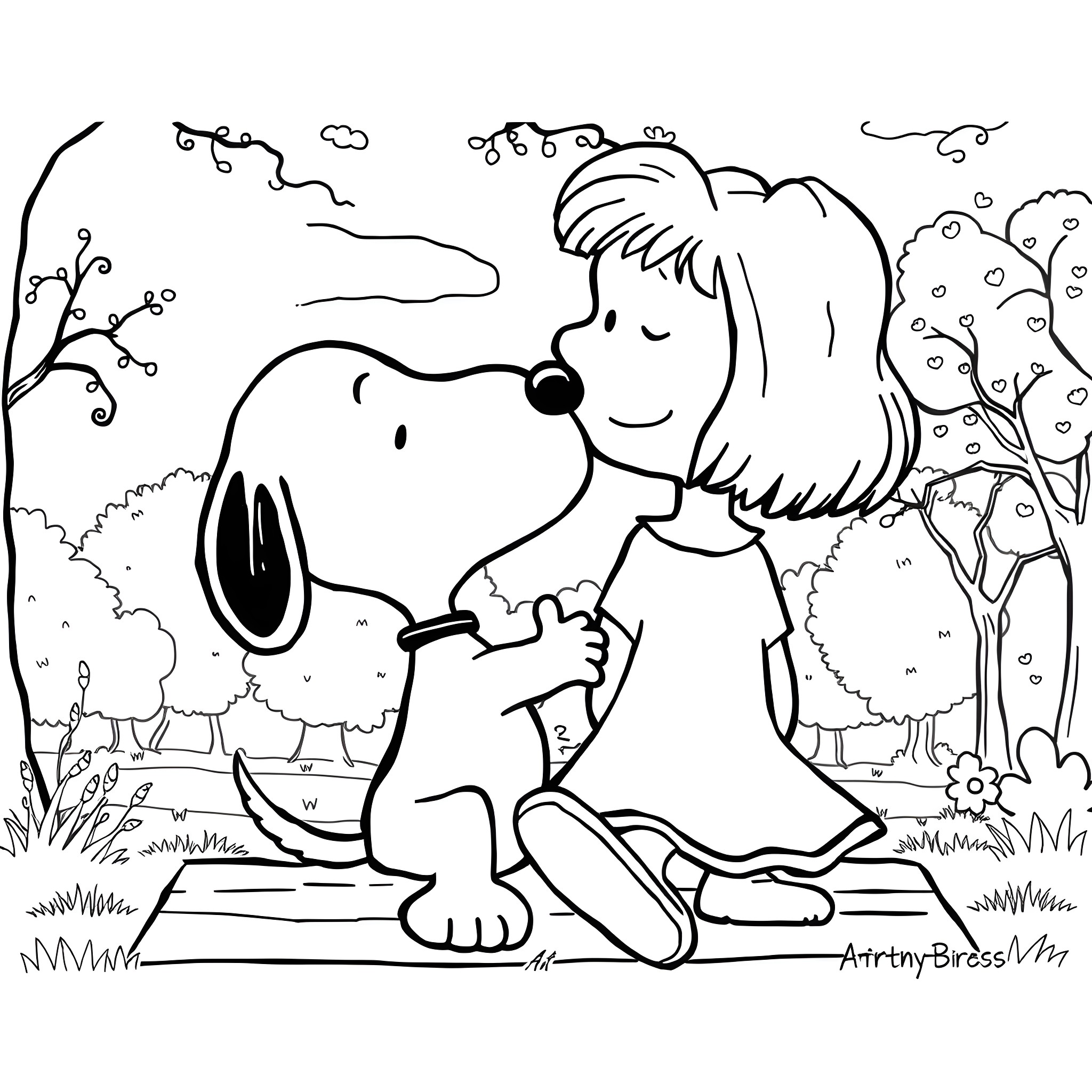 Snoopy and girl enjoying nature together Coloring Page (free black-and-white line drawing printable PDF for all, from beginners to advanced learners, including children, teens, adults, and seniors)