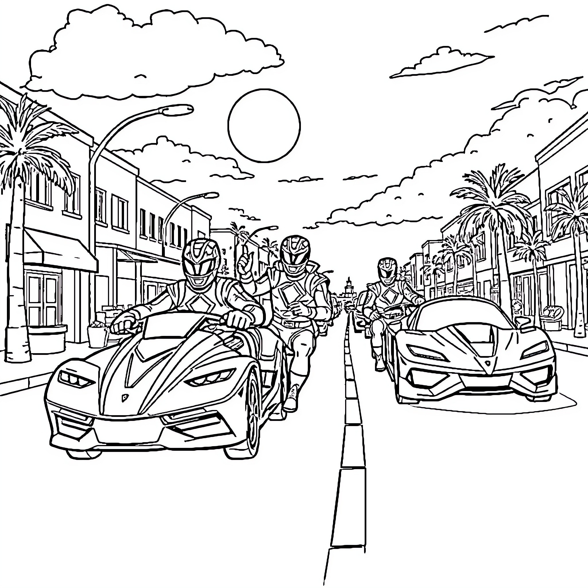 Power Rangers racing futuristic vehicles in a city Coloring Page (free black-and-white line drawing printable PDF for all, from beginners to advanced learners, including children, teens, adults, and seniors)