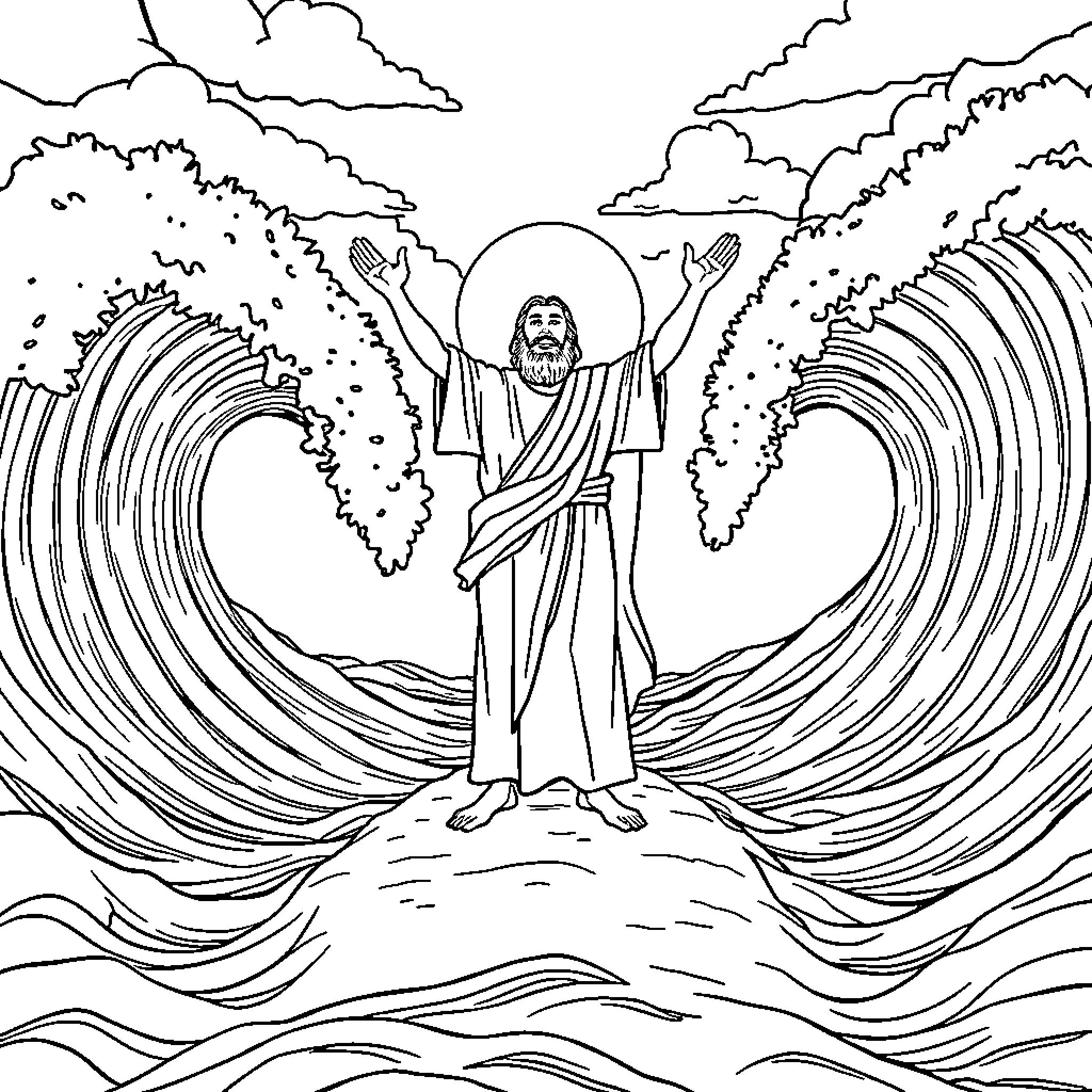 Moses Parting the Sea with Outstretched Arms Coloring Page (free black-and-white line drawing printable PDF for all, from beginners to advanced learners, including children, teens, adults, and seniors)