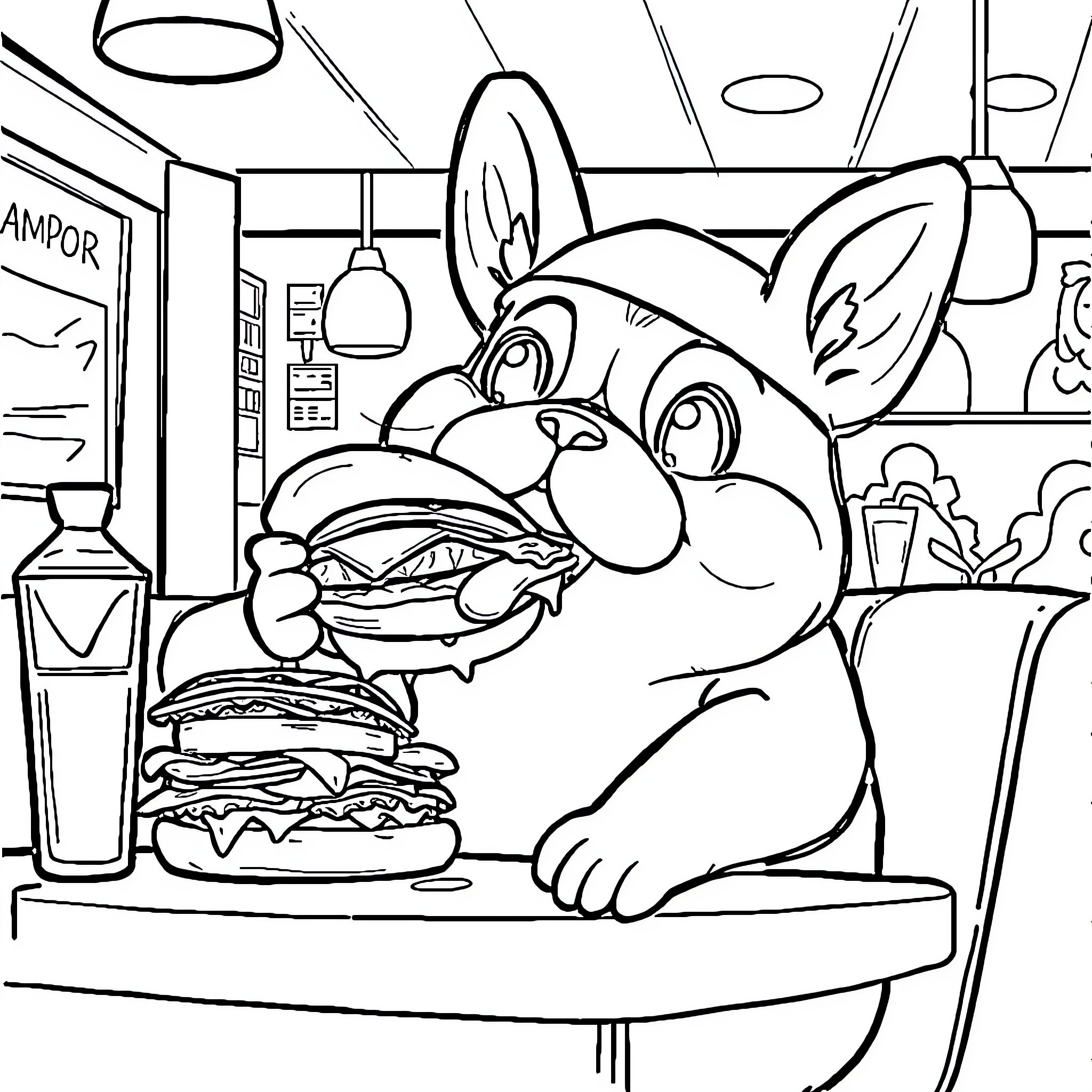 Gusgus enjoys a delightful hamburger in the cozy diner Coloring Page (free black-and-white line drawing printable PDF for all, from beginners to advanced learners, including children, teens, adults, and seniors)