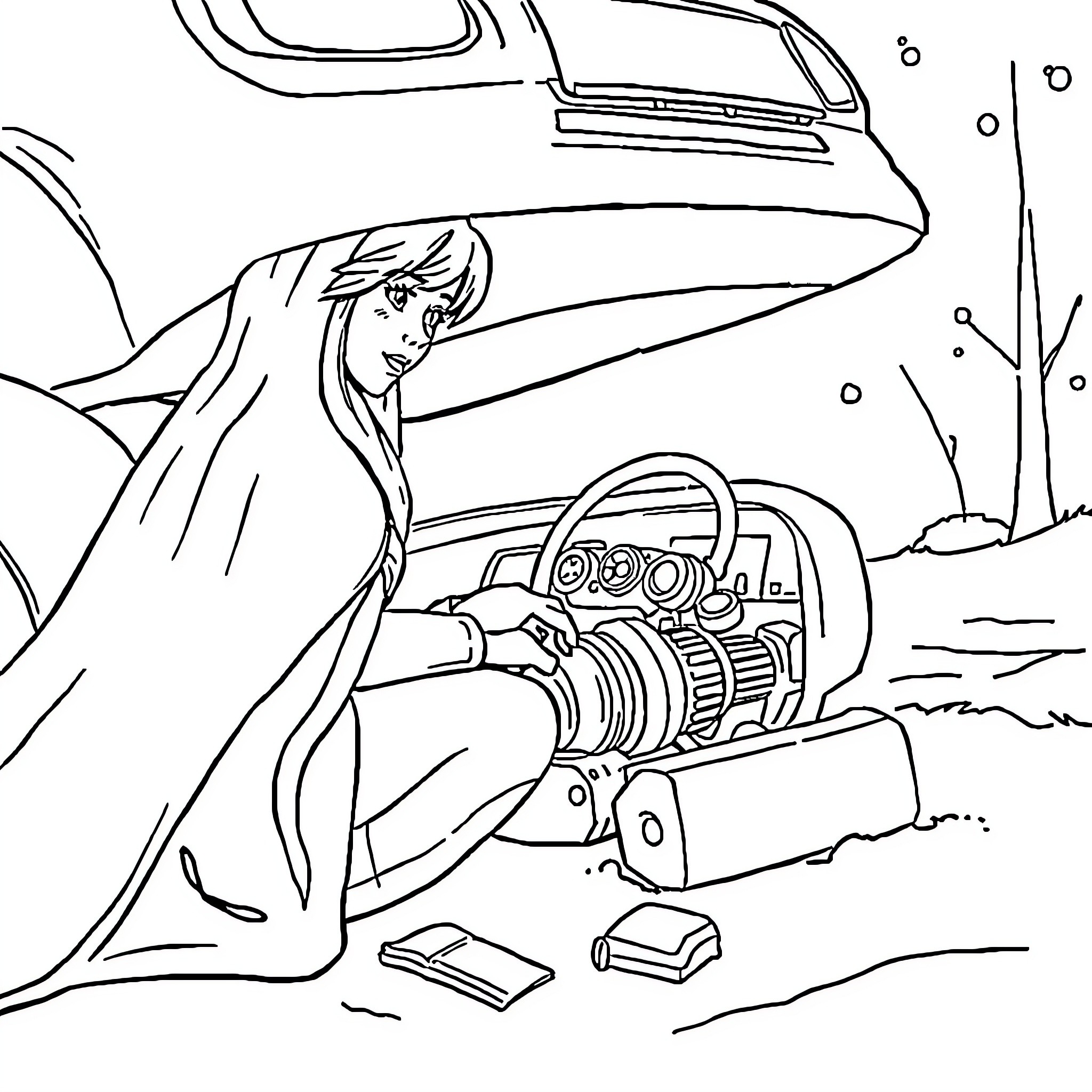 Reine des Neiges: Woman using snowmobile in winter landscape Coloring Page (free black-and-white line drawing printable PDF for all, from beginners to advanced learners, including children, teens, adults, and seniors)