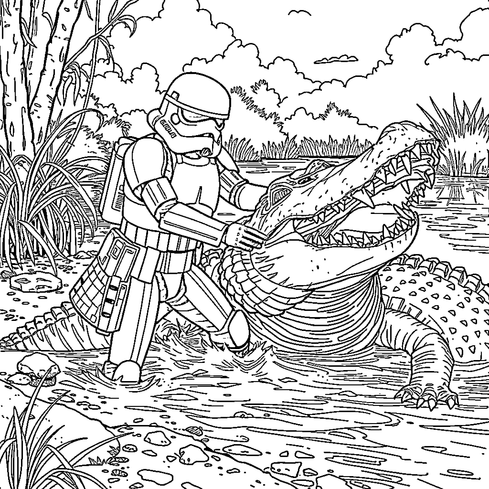 Stormtrooper Confronted by Dangerous Creature in Swamp Coloring Page (free black-and-white line drawing printable PDF for all, from beginners to advanced learners, including children, teens, adults, and seniors)