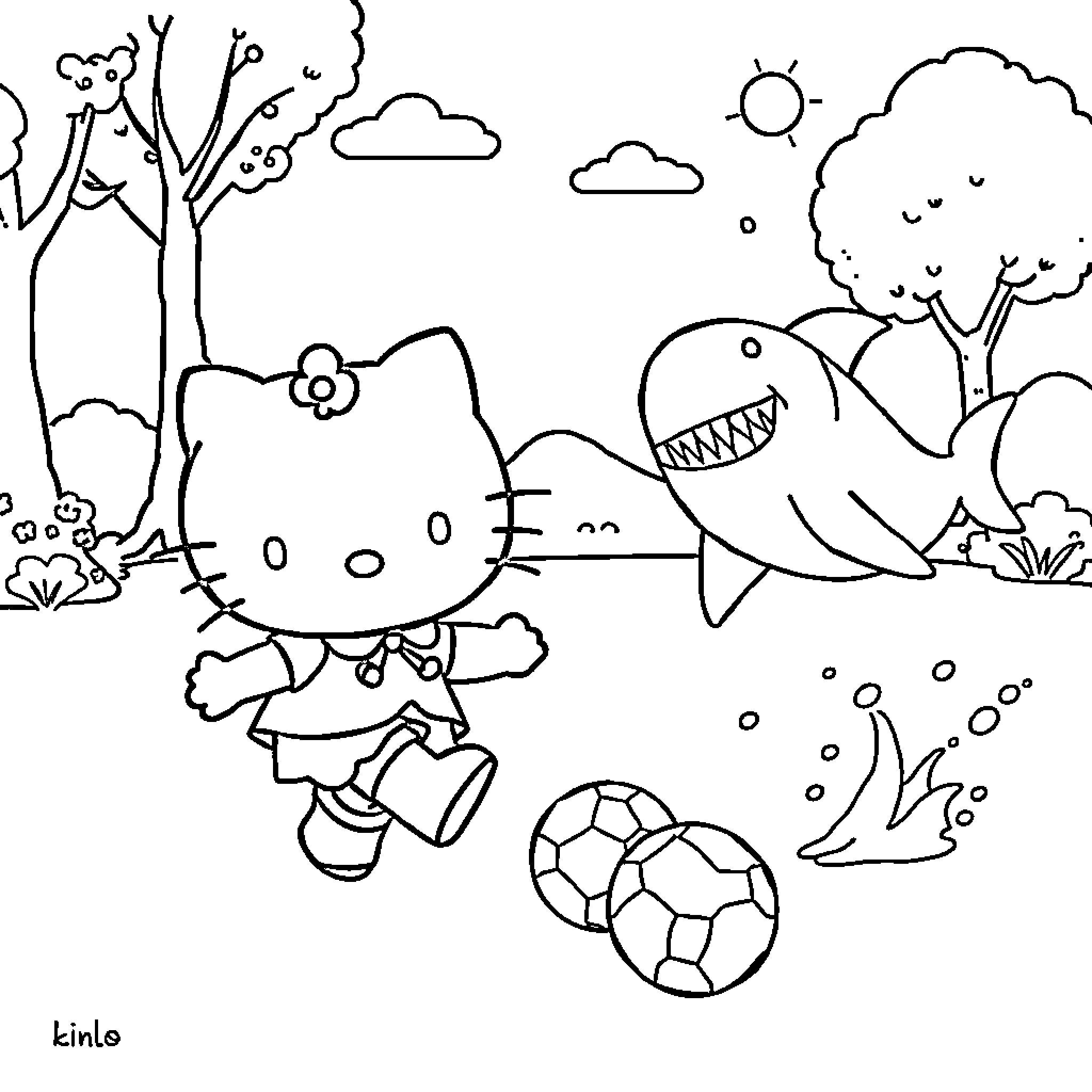 Hello Kitty playing with soccer ball in nature Coloring Page (free black-and-white line drawing printable PDF for all, from beginners to advanced learners, including children, teens, adults, and seniors)