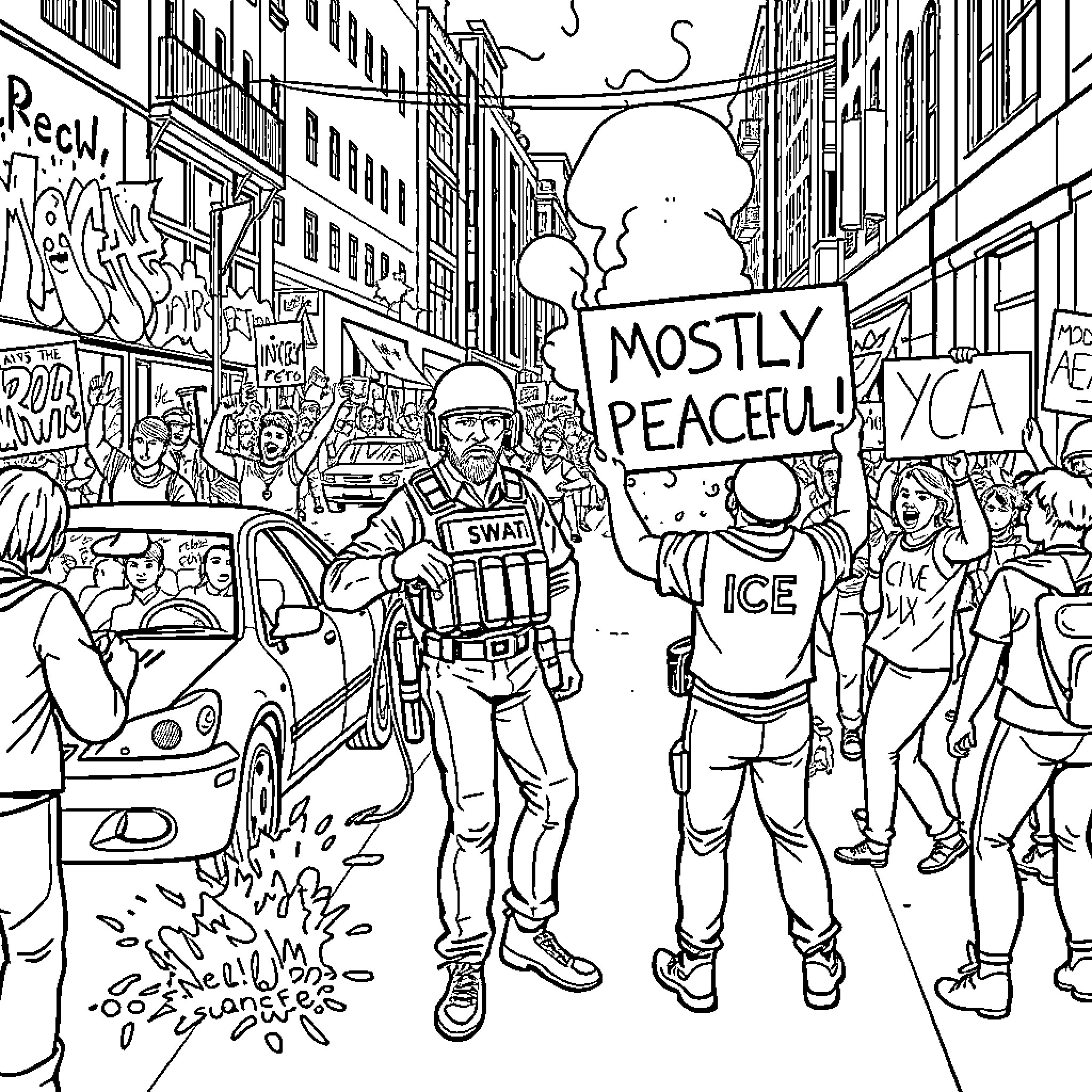 Protester expressing message in crowded urban demonstration Coloring Page (free black-and-white line drawing printable PDF for all, from beginners to advanced learners, including children, teens, adults, and seniors)