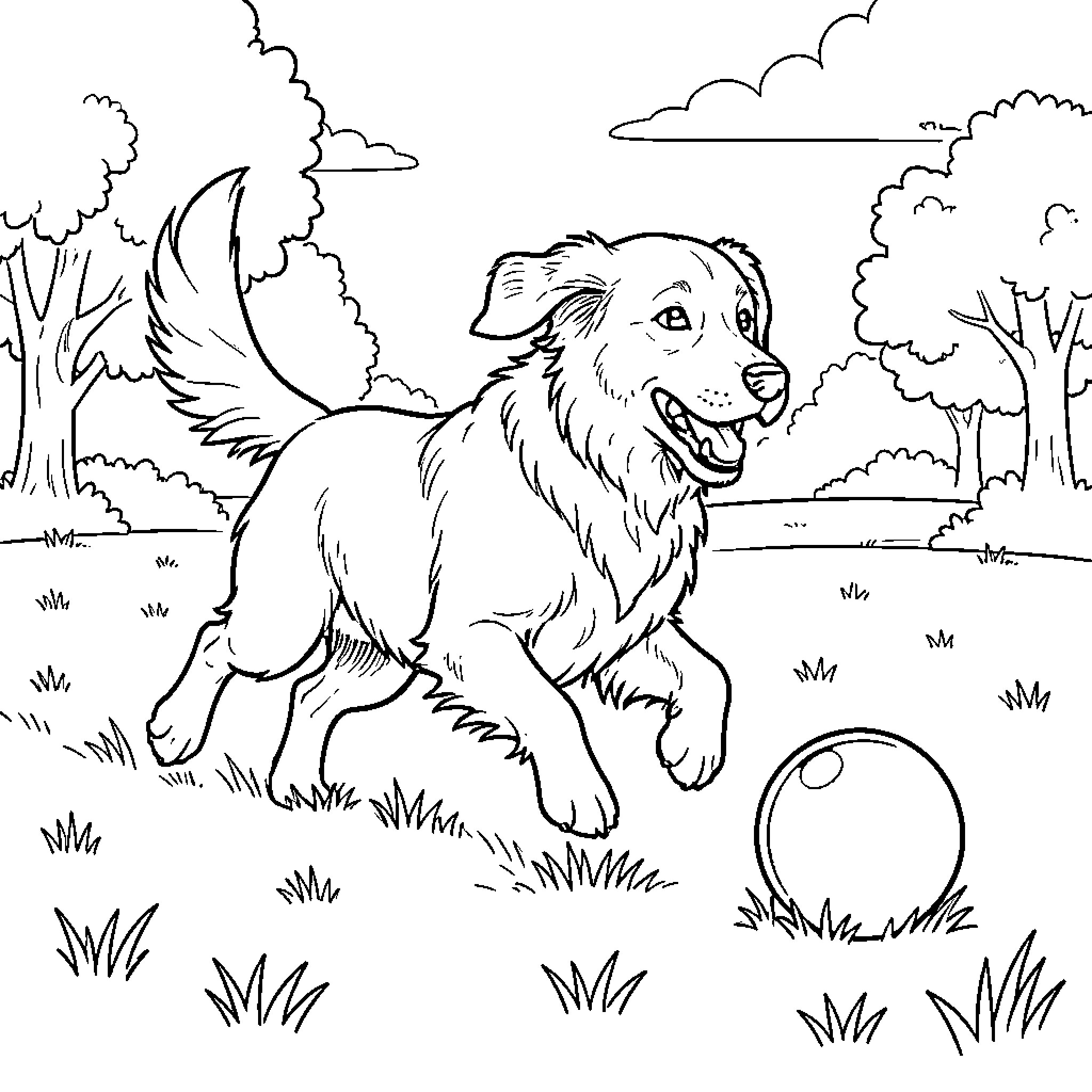Golden Retriever Playing Joyfully in the Park Coloring Page (free black-and-white line drawing printable PDF for all, from beginners to advanced learners, including children, teens, adults, and seniors)
