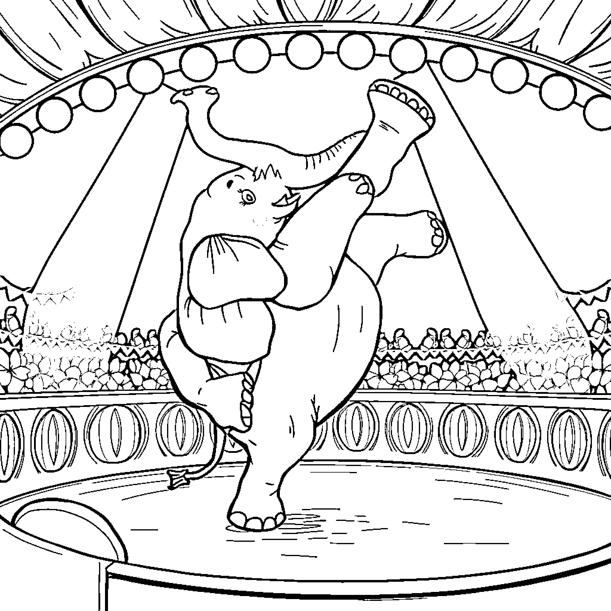 Elephant performing at the circus Coloring Page (free black-and-white line drawing printable PDF for all, from beginners to advanced learners, including children, teens, adults, and seniors)