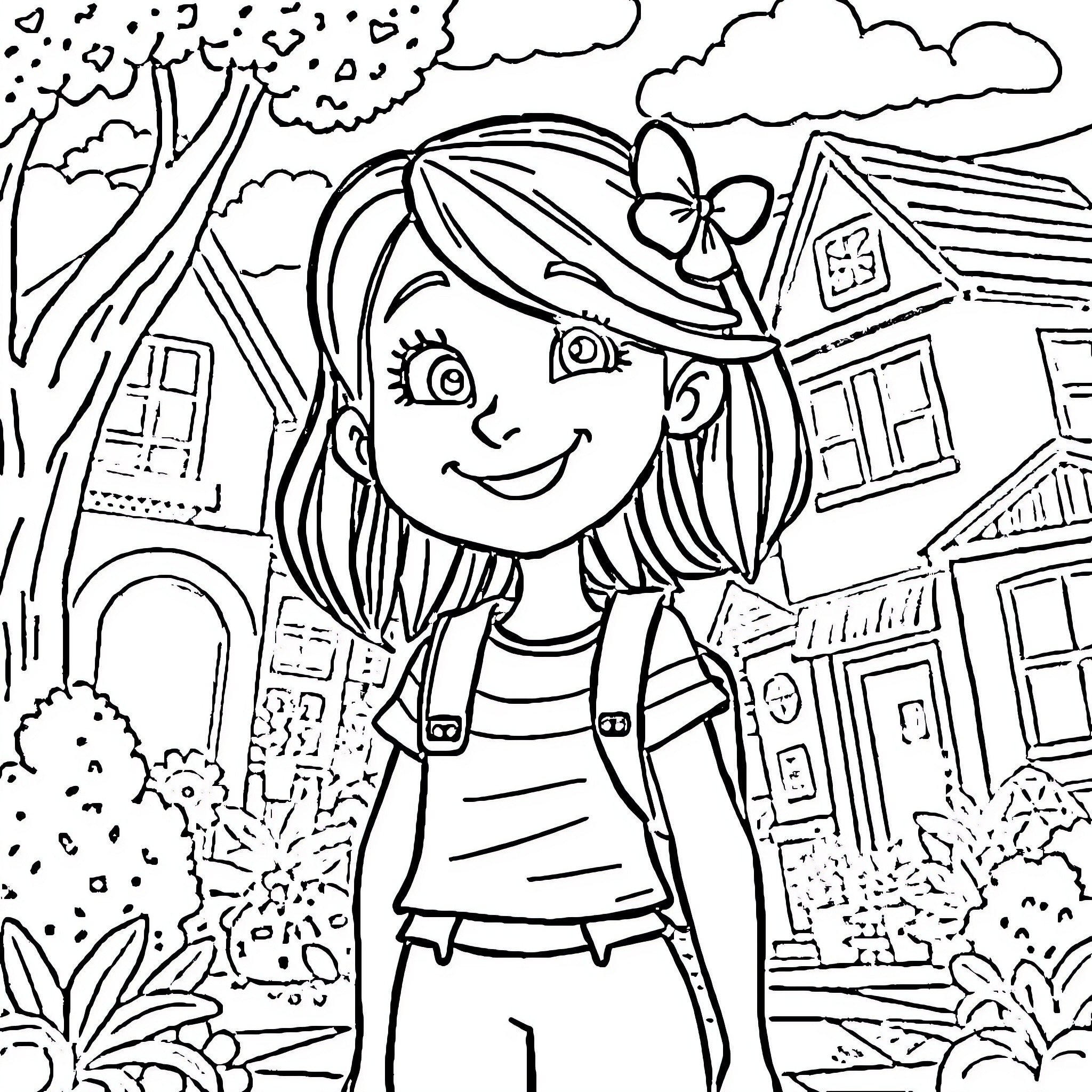 Lizzie McGuire enjoying a sunny day in her neighborhood Coloring Page (free black-and-white line drawing printable PDF for all, from beginners to advanced learners, including children, teens, adults, and seniors)