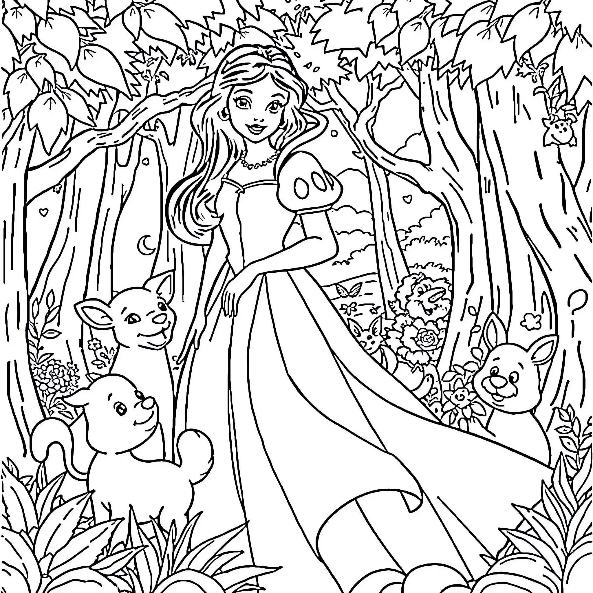 Princess Exploring the Enchanted Forest with Friends Coloring Page (free black-and-white line drawing printable PDF for all, from beginners to advanced learners, including children, teens, adults, and seniors)