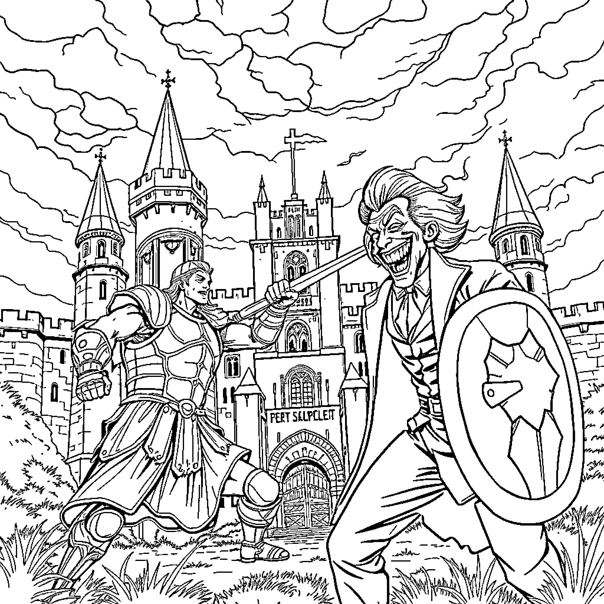 Achilles' Heroic Exploits at the Mythical Castle Coloring Page (free black-and-white line drawing printable PDF for all, from beginners to advanced learners, including children, teens, adults, and seniors)