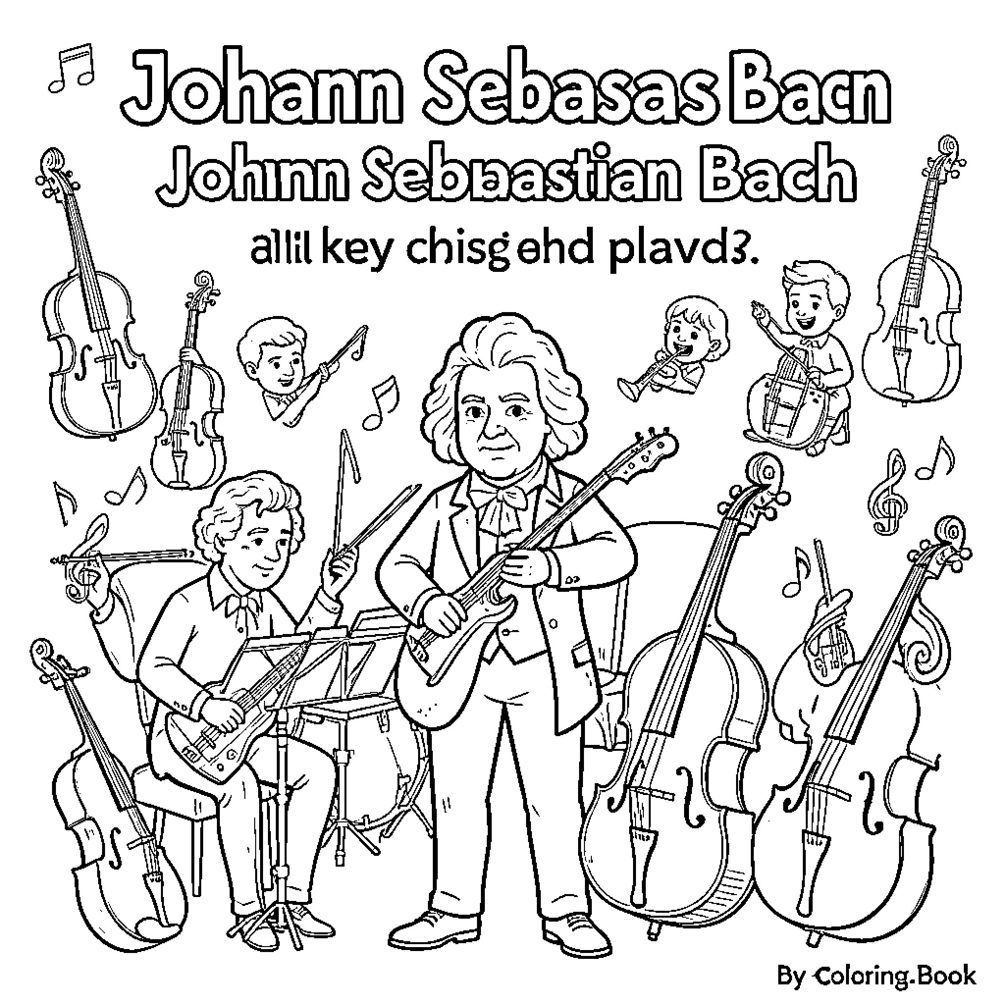 Bach's Musical Celebration with Instruments and Musicians Coloring Page (free black-and-white line drawing printable PDF for all, from beginners to advanced learners, including children, teens, adults, and seniors)