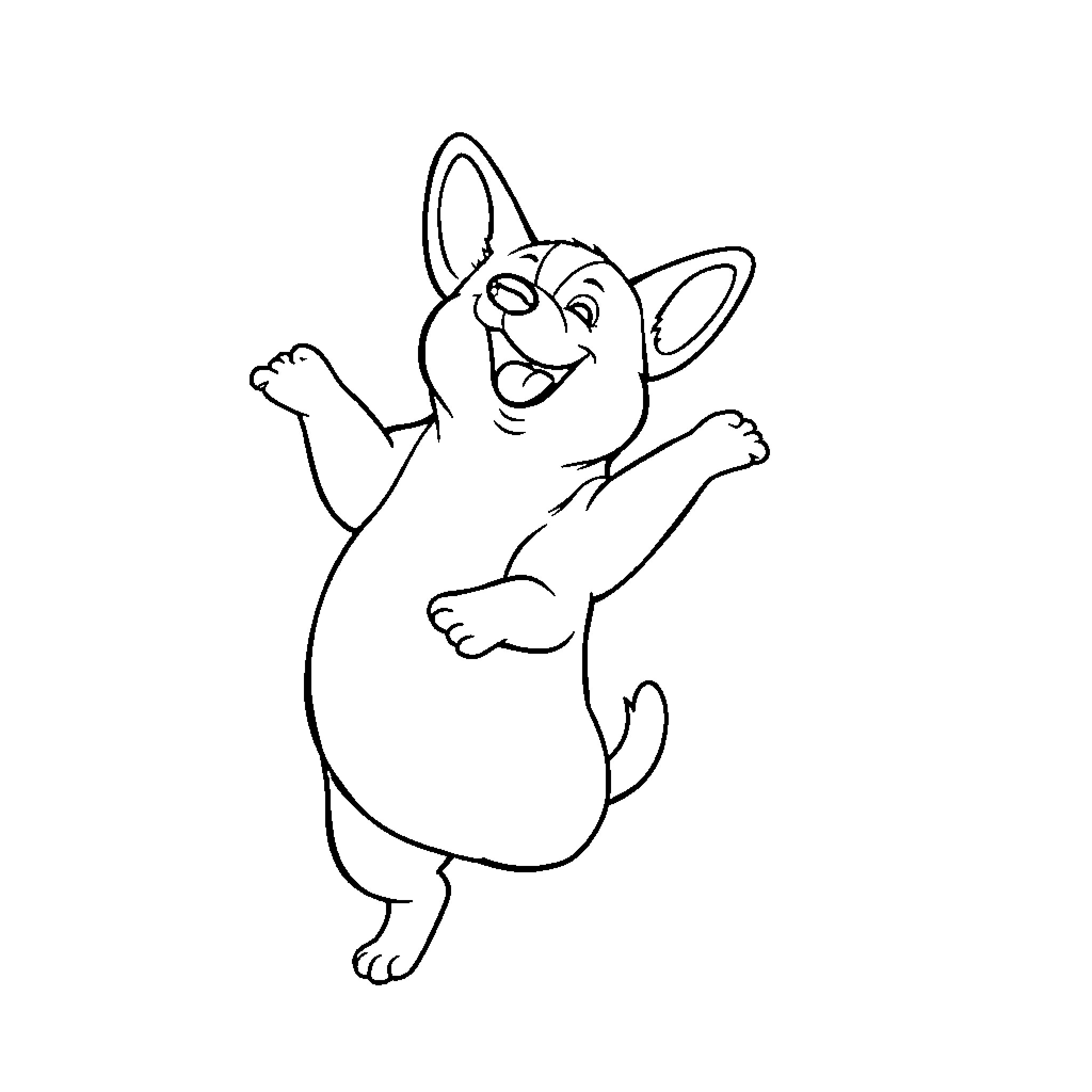 Corgi jumping for joy Coloring Page (free black-and-white line drawing printable PDF for all, from beginners to advanced learners, including children, teens, adults, and seniors)