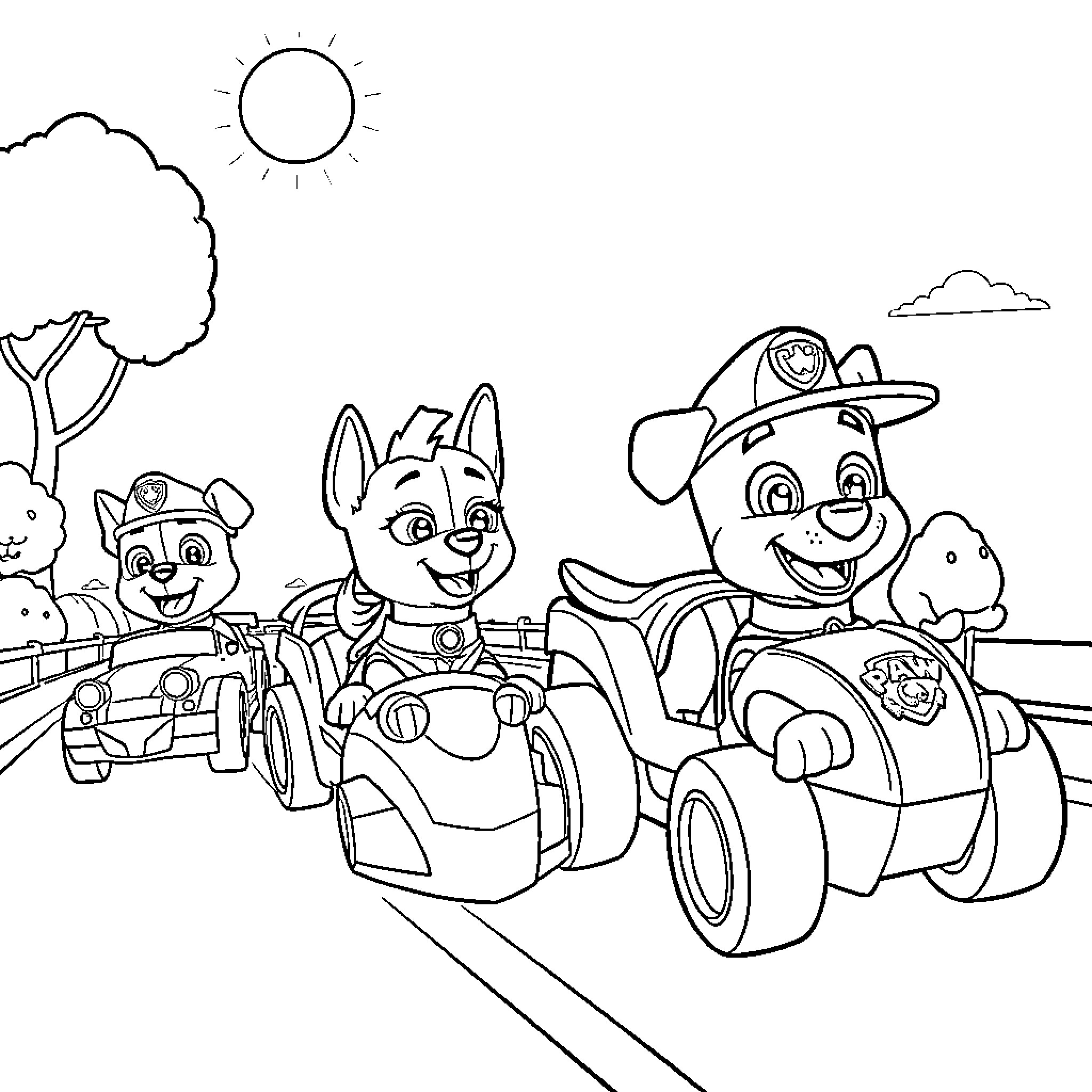 Paw Patrol characters in action vehicles Coloring Page (free black-and-white line drawing printable PDF for all, from beginners to advanced learners, including children, teens, adults, and seniors)